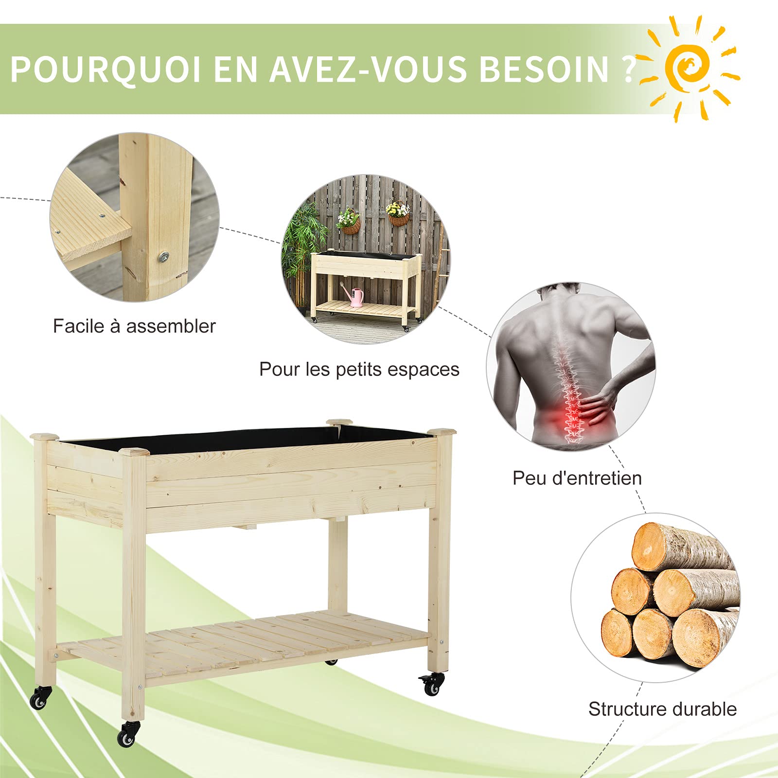 Outsunny Jardinière sur Pieds Carré Potager sur roulettes | Étagère, Inserts d'Irrigation, Feutre de Drainage Inclus, Bois Massif Sapin