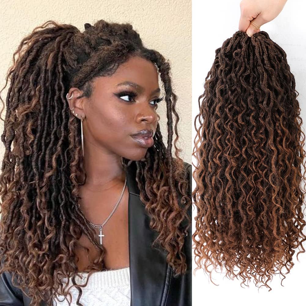 BAOTA 10 Inch Goddess Locs Crochet Hair for Women Ombre Brown Faux Locs 7 Packs Pre Looped Crochet Hair with Curly Ends River Locs Soft Curly Locs (1B/30#)
