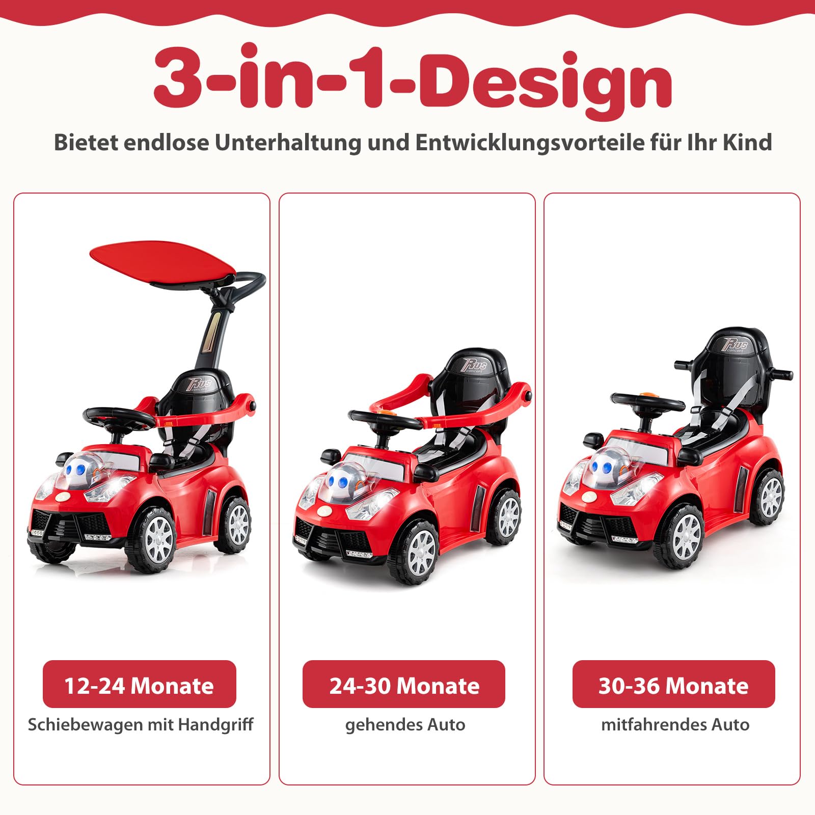 COSTWAY 3-in-1 Rutschauto mit Schiebestange, Rutschfahrzeug mit Hupe, Musik, Licht & Sicherheitsgurt, Schiebauto mit Stauraum, abnehmbarem Schutzbügel, Rutscher Auto für Kinder ab 1 Jahr (Rot)