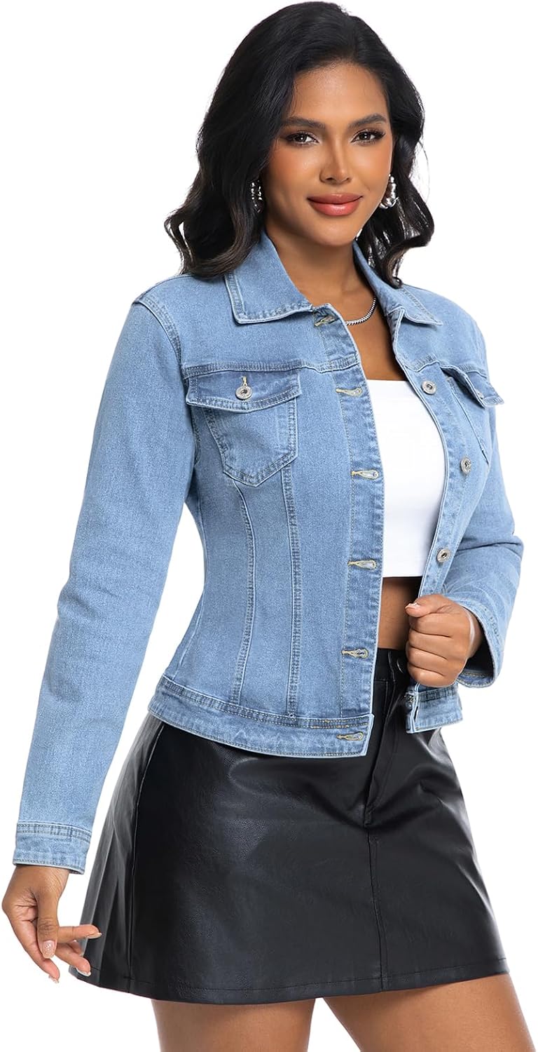 Women Cropped Denim Jacket Lapel Button Down Long Sleeve Slim Fitted Stretchy Short Jean Jacket with Pockets - Image 3