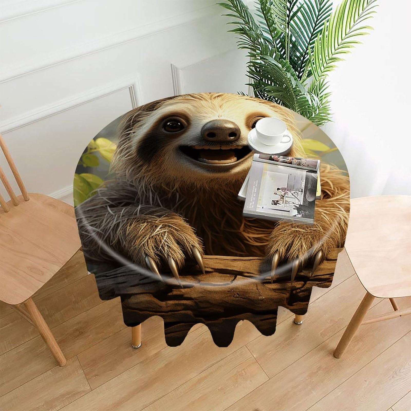 VstaDank Cartoon Sloth Tablecloth Easy to Clean Polyester Round Table Cover Washable Round Table Cloth Wrinkle-Free Circle Decoration Tablecloth for Kitchen Dining Room 60"