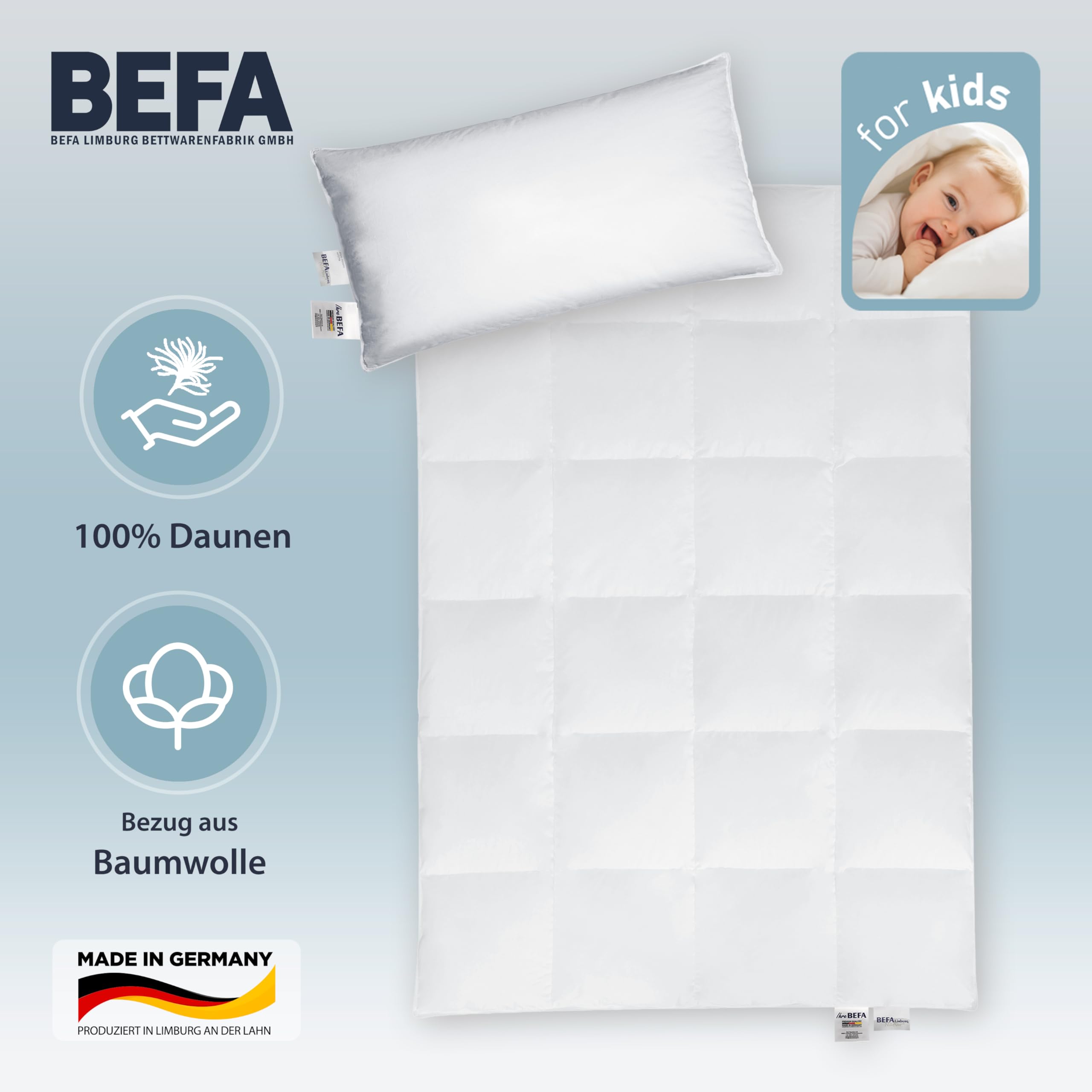 BEFA NATUR Kinderdecke 100x135cm medium | 350g Füllgewicht | 100% Reine Daune | Allergiker geeignet (NOMITE) | DOWNPASS | Oeko-TEX Klasse 1 | Made in Germany