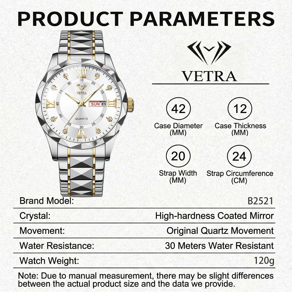 Vetra Herren-Armbanduhr, luxuriös, klassisch, mit Diamanten, modisches Edelstahlband, wasserdicht, leuchtend, Tag und Datum, modisch, minimalistisch, Geschenk für Männer