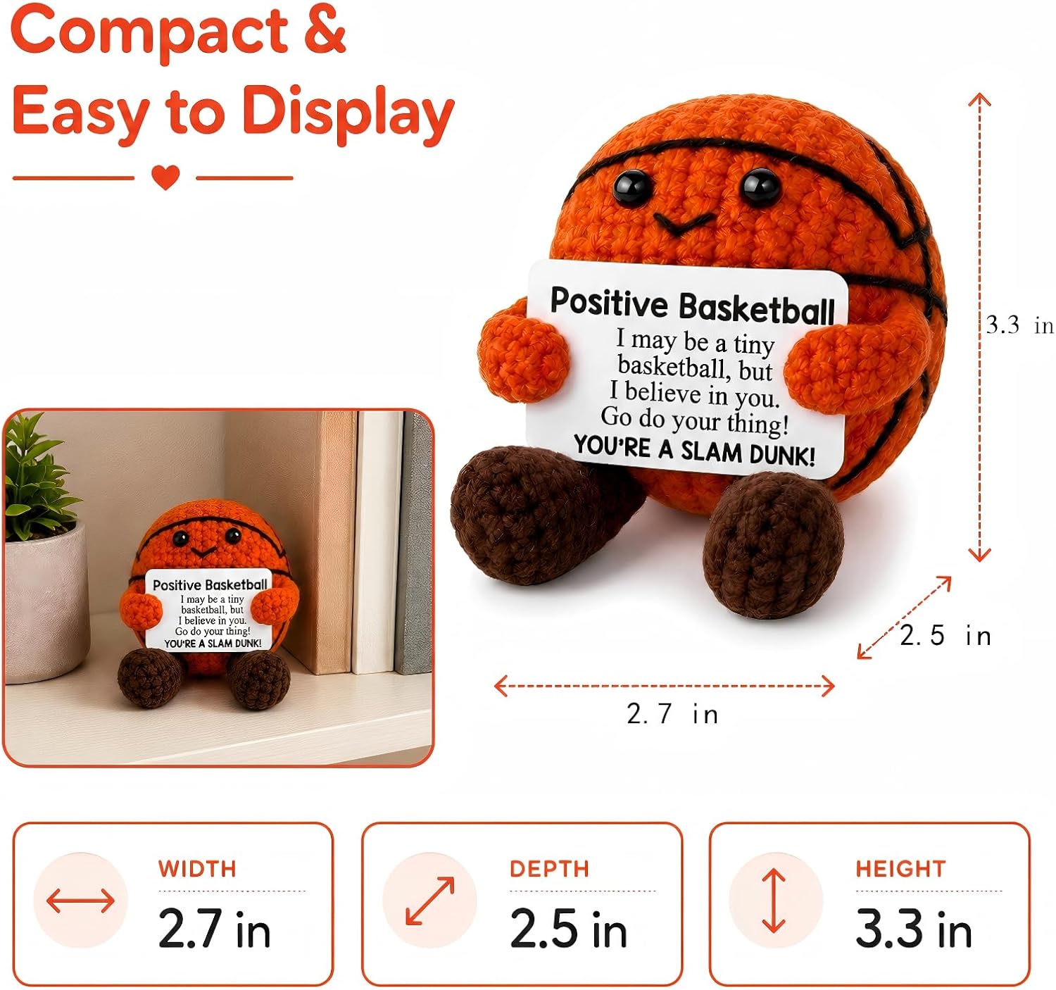 Handmade Crochet Basketball Keepsake with Positive Card, Slam Dunk Motivational Figurine, Sports Desk Decor, Encouragement Gift for Basketball Fans Athletes Coaches