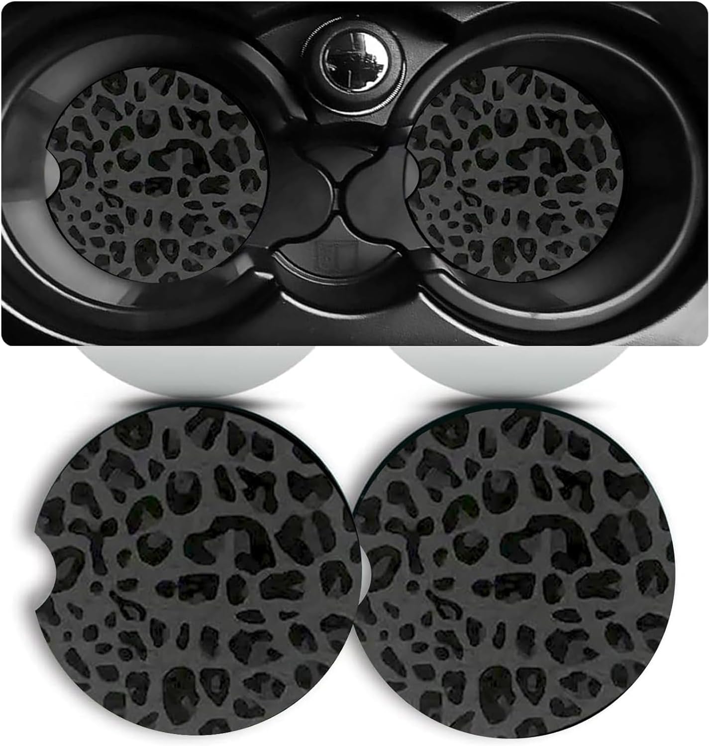 Elzhan Gold 2Pcs Black Car Cup Coasters Leopard Cheetah Print Car Coasters For Cup Holders Anti-Slip Rubber Coaster Cars Interior Accessories