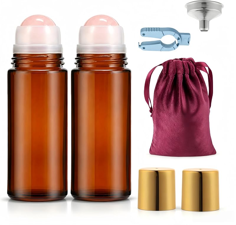 Roller Ball Applicator,Rose Quartz Roller Bottle,50ml Refillable Amber Glass Roll On Bottles with Natural Crystal Roller Balls,Leak-Proof Travel Perfume Bottle with Gold Caps (2Pink)
