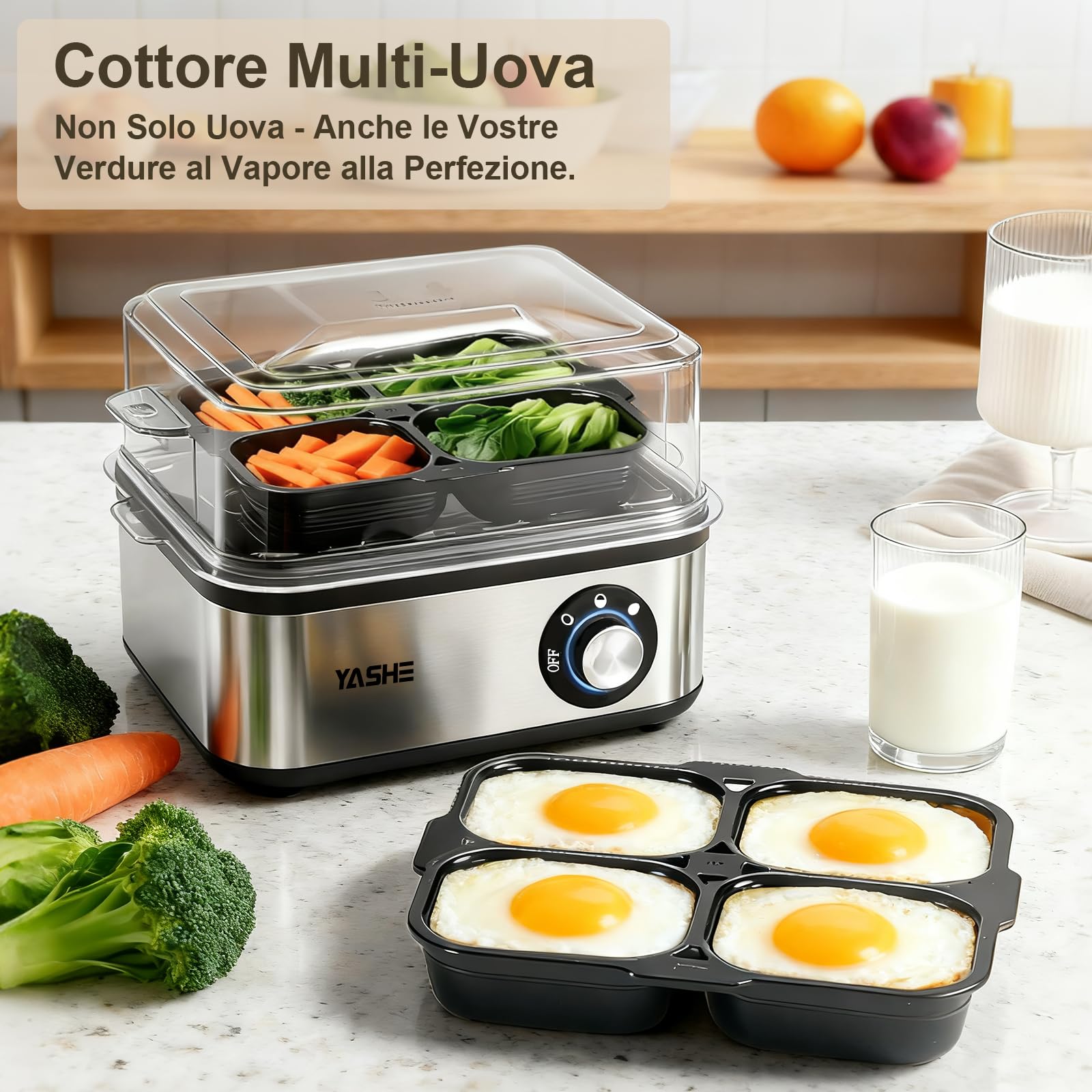YASHE Cuociuova elettrico in acciaio inox per 8 uova sode, medie e alla coque, in camicia con spegnimento automatico e cicalino, include ciotola per frittata e misurino, senza BPA