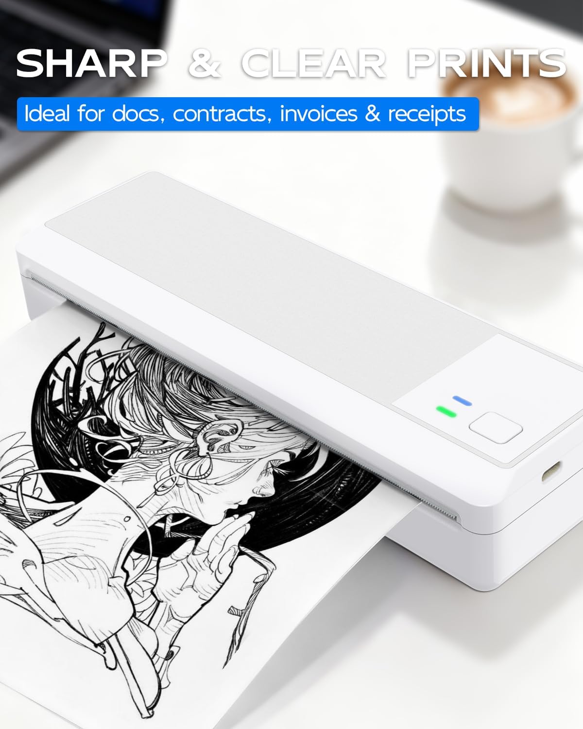 Portable Thermal Printer, Inkless Bluetooth Mobile Printer for Phone & Laptop, Compact Travel Printer Wireless for A4 Documents & Receipts, with 2000mAh Battery(2 Rolls Thermal Paper Included)