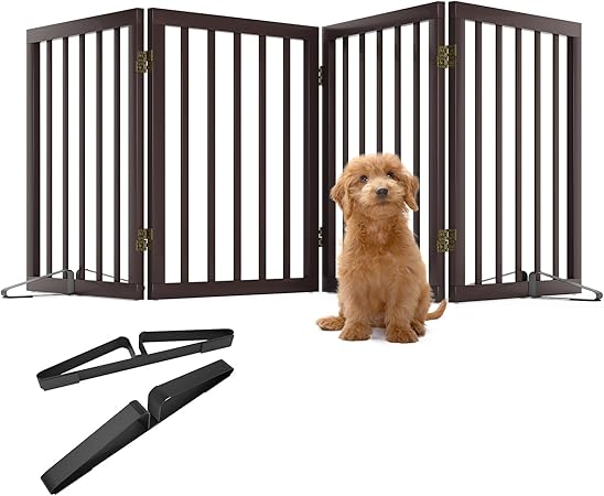Wooden Dog Gate Foldable Dog Fence Freestanding 4 Panel Pet Gates, 24in Height with 2PCS Support Feet