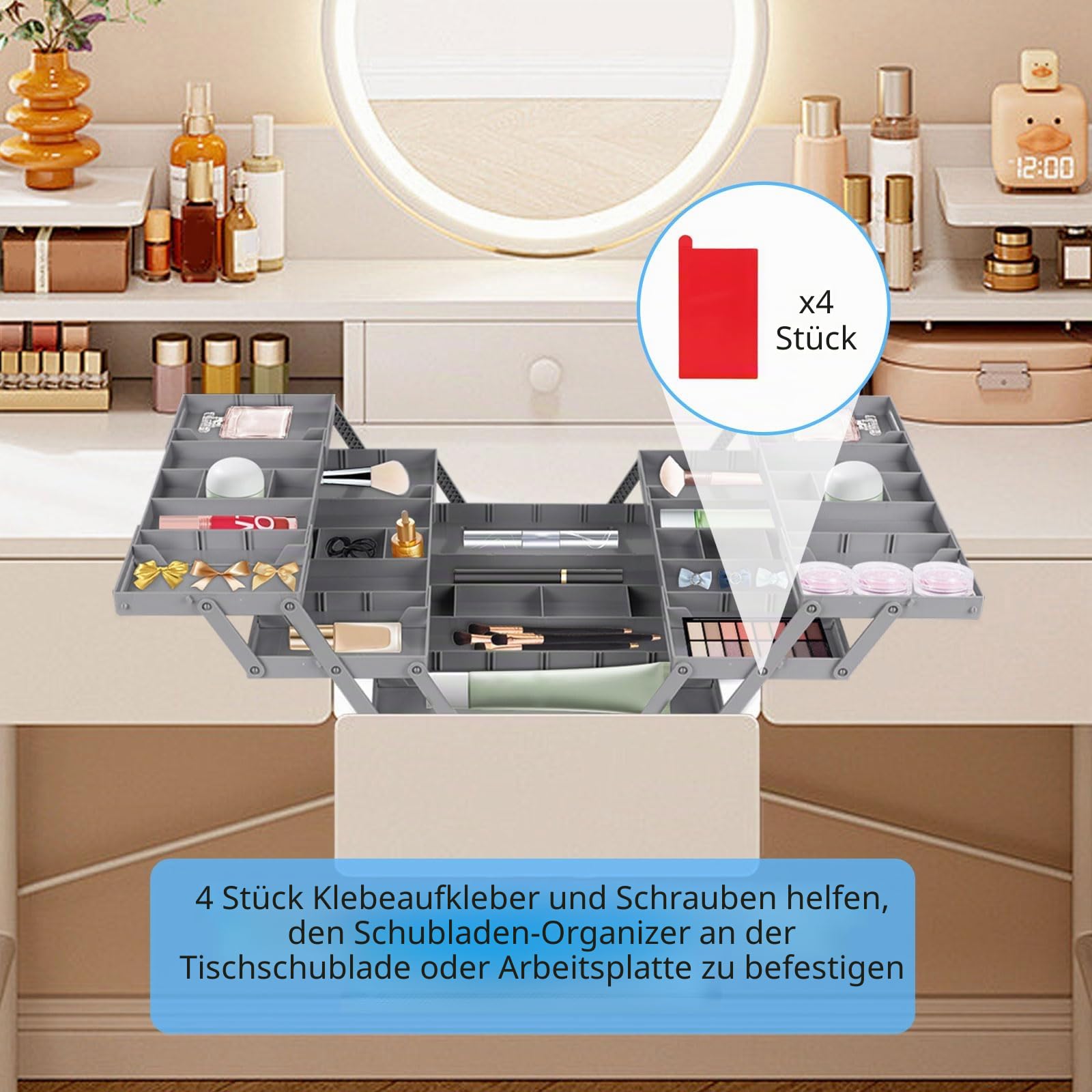 Schubladen Organizer System Verstellbar Faltbar, 3 Stufige Expandable Schubladen Organizer, Faltbare Desktop Organizer Box Werkzeug Aufbewahrung für Schreibtisch Schminktisch Büro Küche(Doppelreihig)