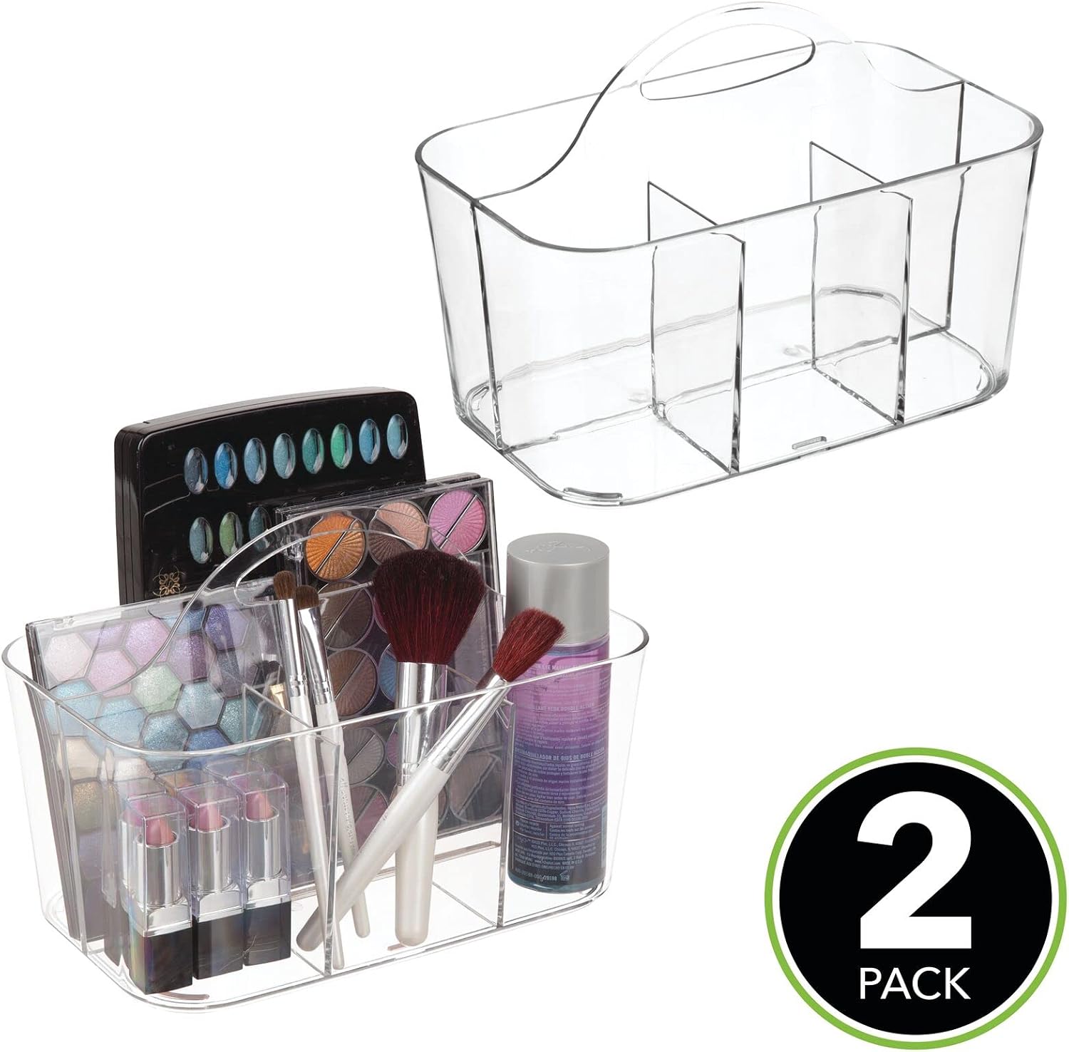 mDesign Plastic Makeup Storage Organizer Caddy Tote, Divided Basket Bin, Handle for Bathroom, Hold Eyeshadow Palettes, Nail Polish, Brushes, Shower Essentials, Small, Lumiere Collection, 2 Pack, Clear