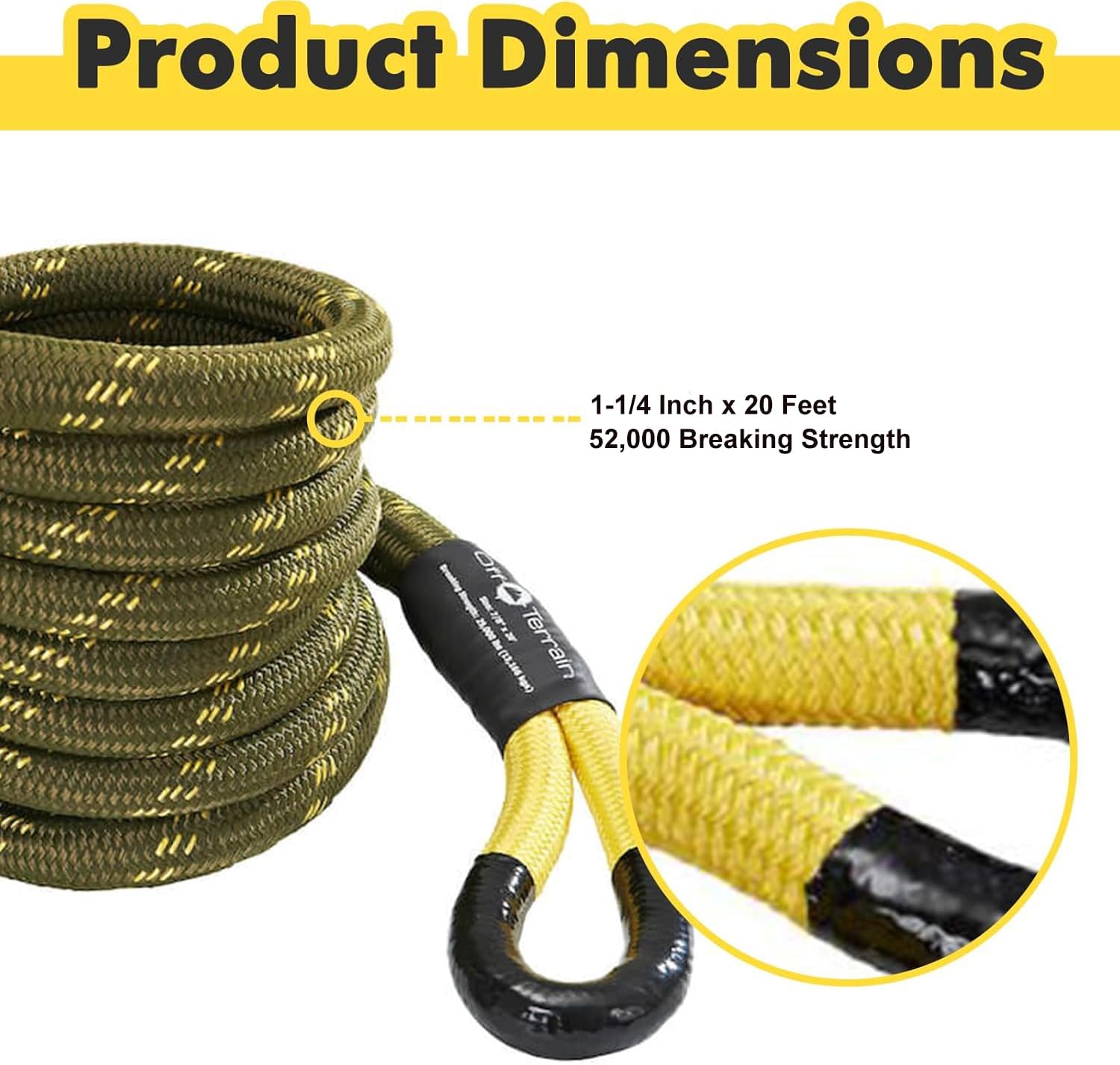 Kinetic Recovery Rope 1-1/4" x 20' (52,000lbs) with Storage Bag - Heavy Duty Up to 30% Elasticity Snatch Strap for 4x4 Offroad Vehicle