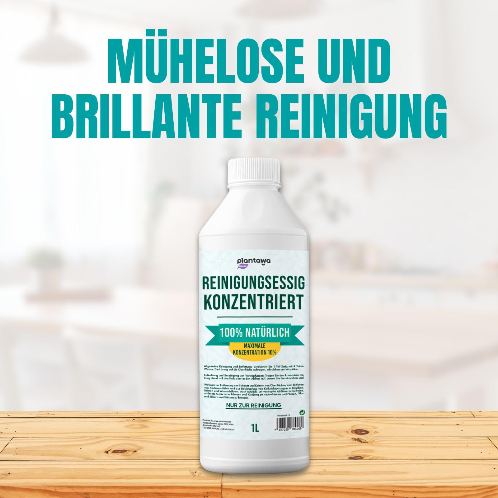 PLANTAWA Aceto concentrato 10º 1L | Aceto per pulire | Alcool bianco | Detergente multiuso naturale e potente, efficace antitico | Disinfetta, sgrassa e rimuove il calcare dalle superfici