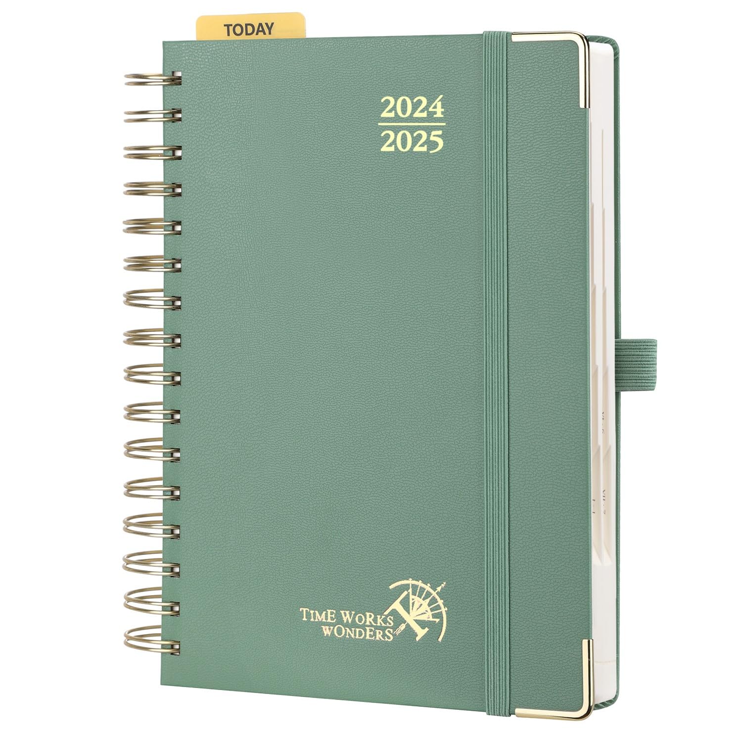 POPRUN Agenda 2024 2025 Dia Por Pagina 21,5 x 14,5 cm, Espiral Agenda Diaria 12 Meses de Ago.2024 a Jul.2025, Tapa Dura, Regla de Plásticol, 80 GSM Papel, Verde Medianoche