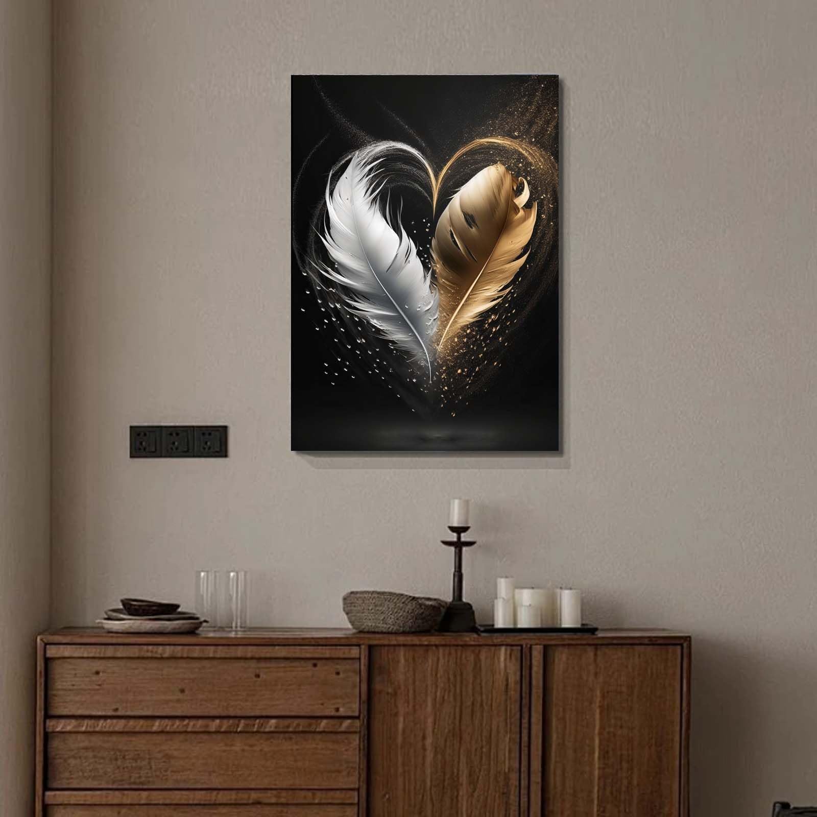 Qiukoo Framed Canvas Wall Art – Gold and Black Feather Heart Artwork, Waterproof Modern Print with Hook, Wall Decoration for Living Room or Bedroom, Elegant Pictures for Bedroom Walls – 12x16 Inch — view 5