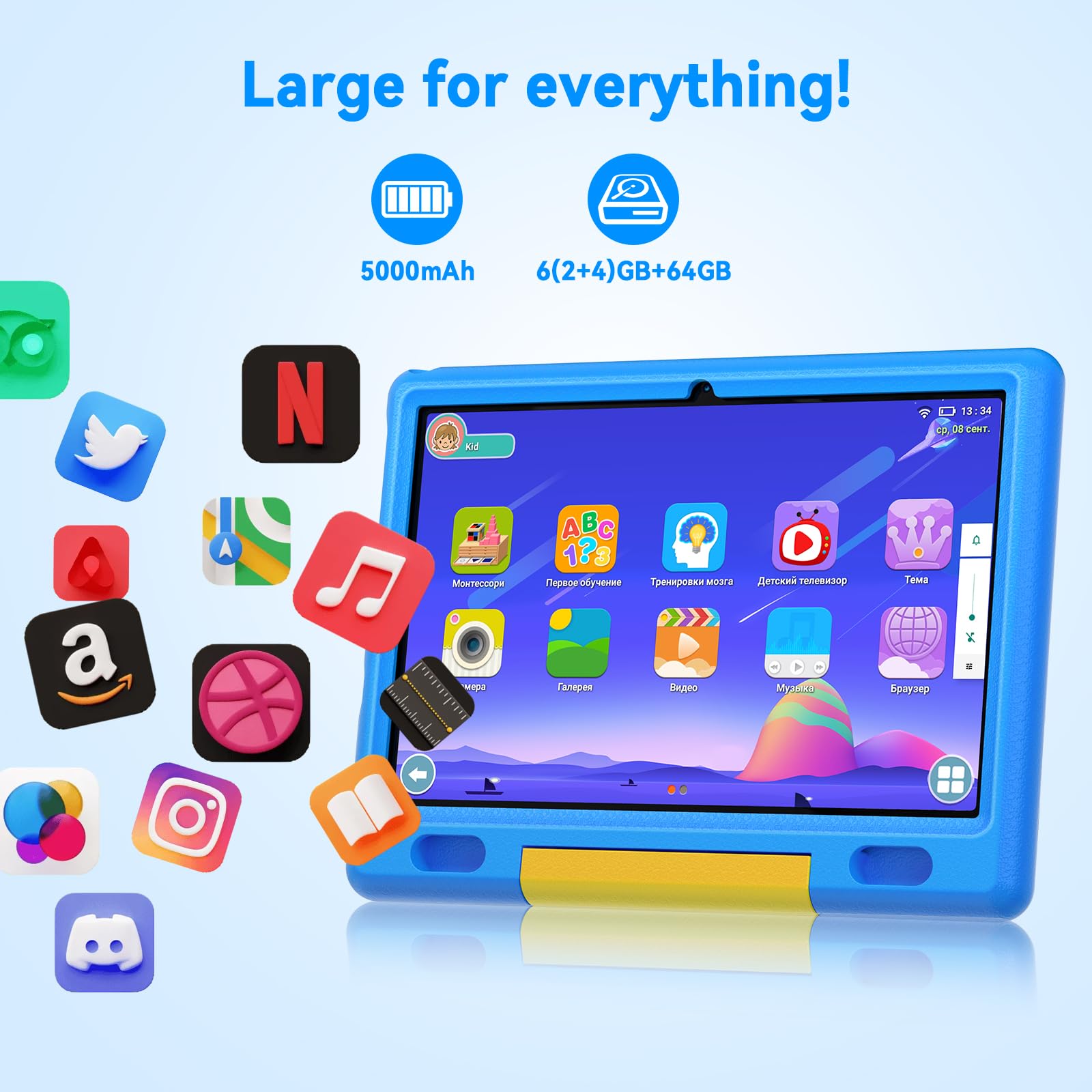 Wqplo Tablette pour Enfants 10 Pouces Android 13 64 Go 5000mAh Bluetooth IPS HD 1280 * 800 Affichage Google Services Contrôle Parental (Bleu)