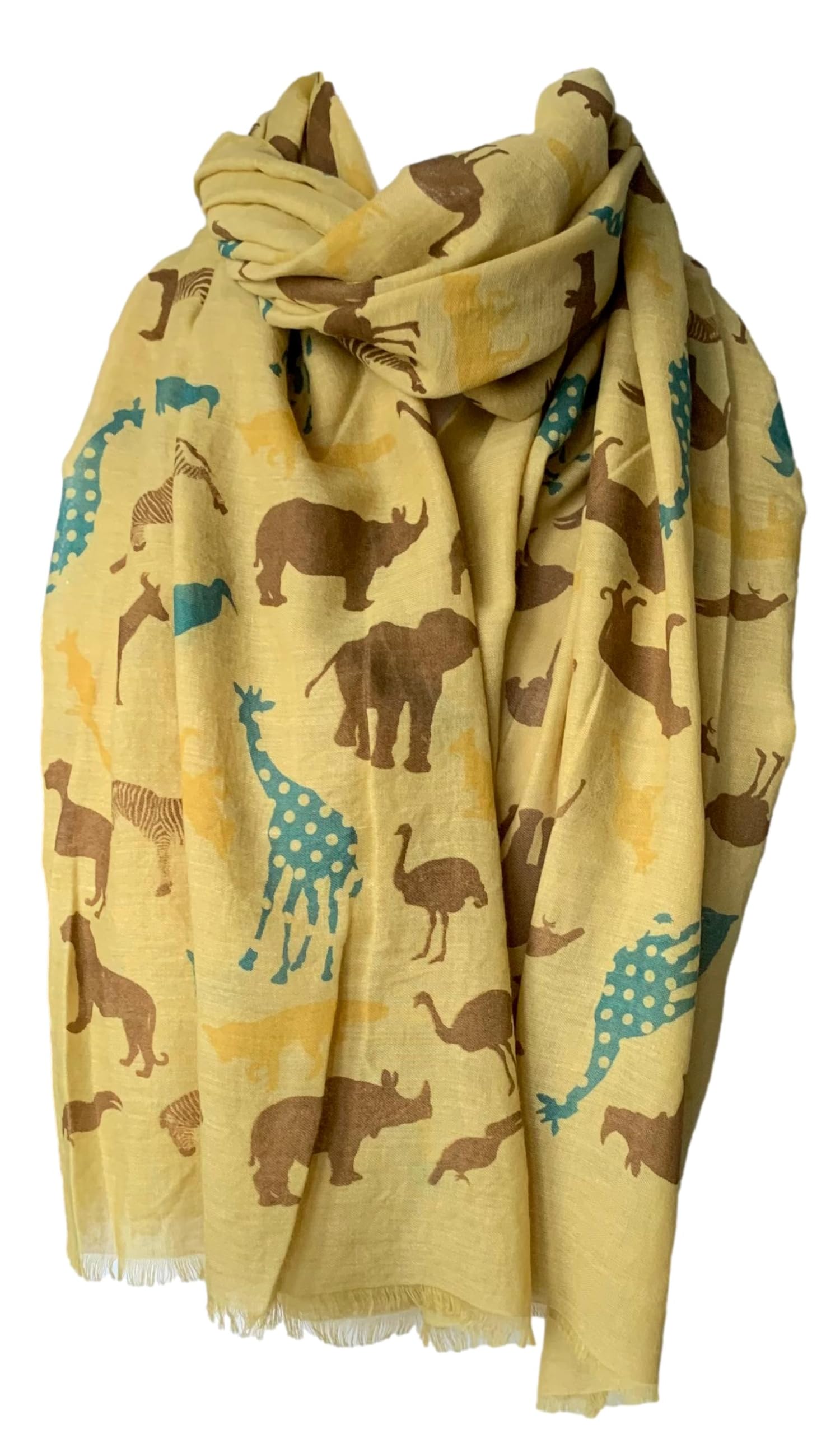 Purple Possum Mustard, Mustard Yellow, Yellow, Dark Yellow Purple Possum® Zoo Animals Scarf Mustard Yellow Rhino Zebra Ostrich Giraffe Brown Blue Giraffe Elephants Pattern