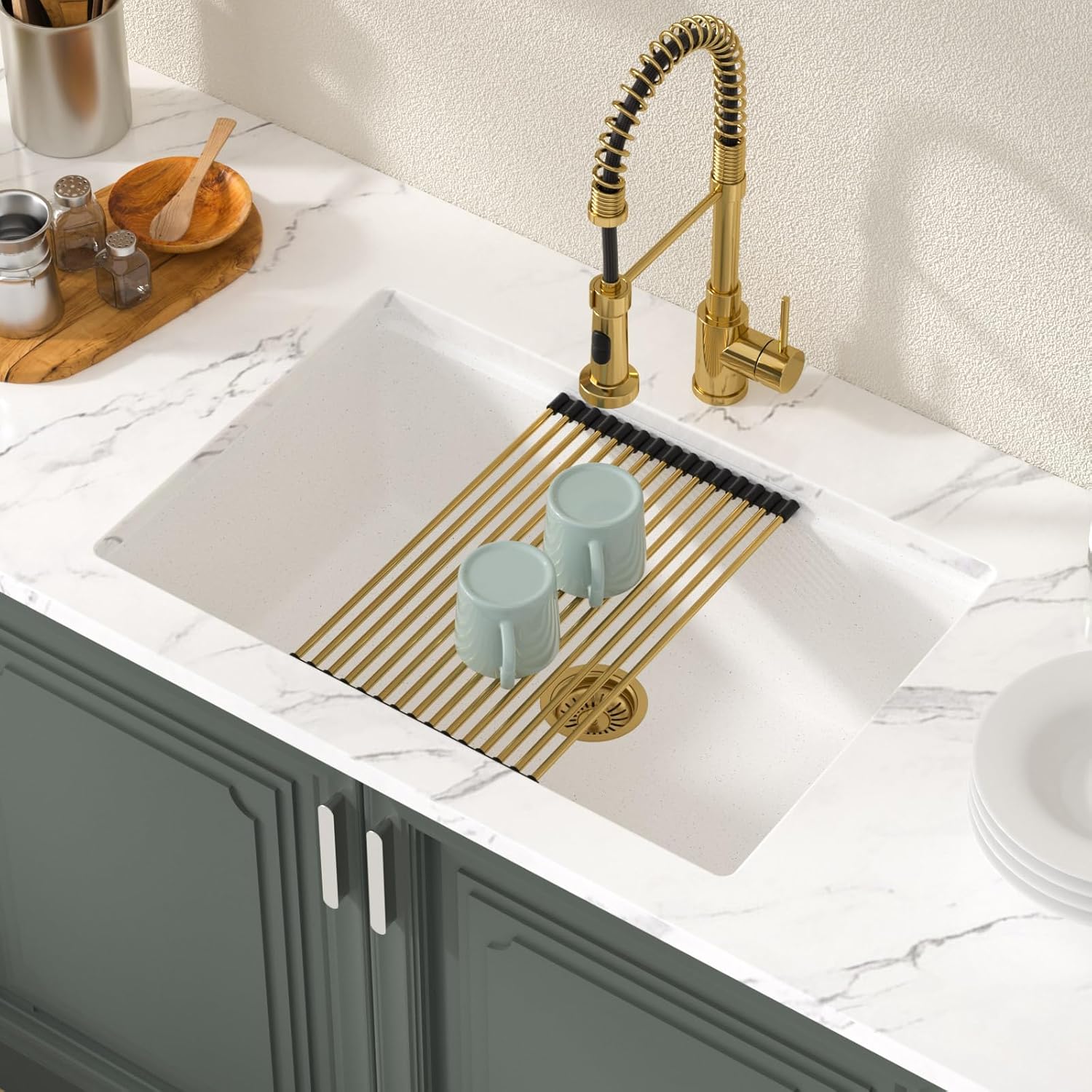 Lordear 28 Inch White Granite Composite Kitchen Sink Workstation 28x19 White Undermount Quartz Sinks Under Counter Single Bowl Sink with Classic Gold Accessories