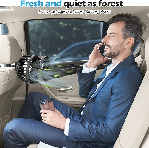 Miniatura 7 de Topretty Ventilador de automóvil, ventiladores de automóvil alimentados por USB para asiento trasero, ventilador universal giratorio de 360 con