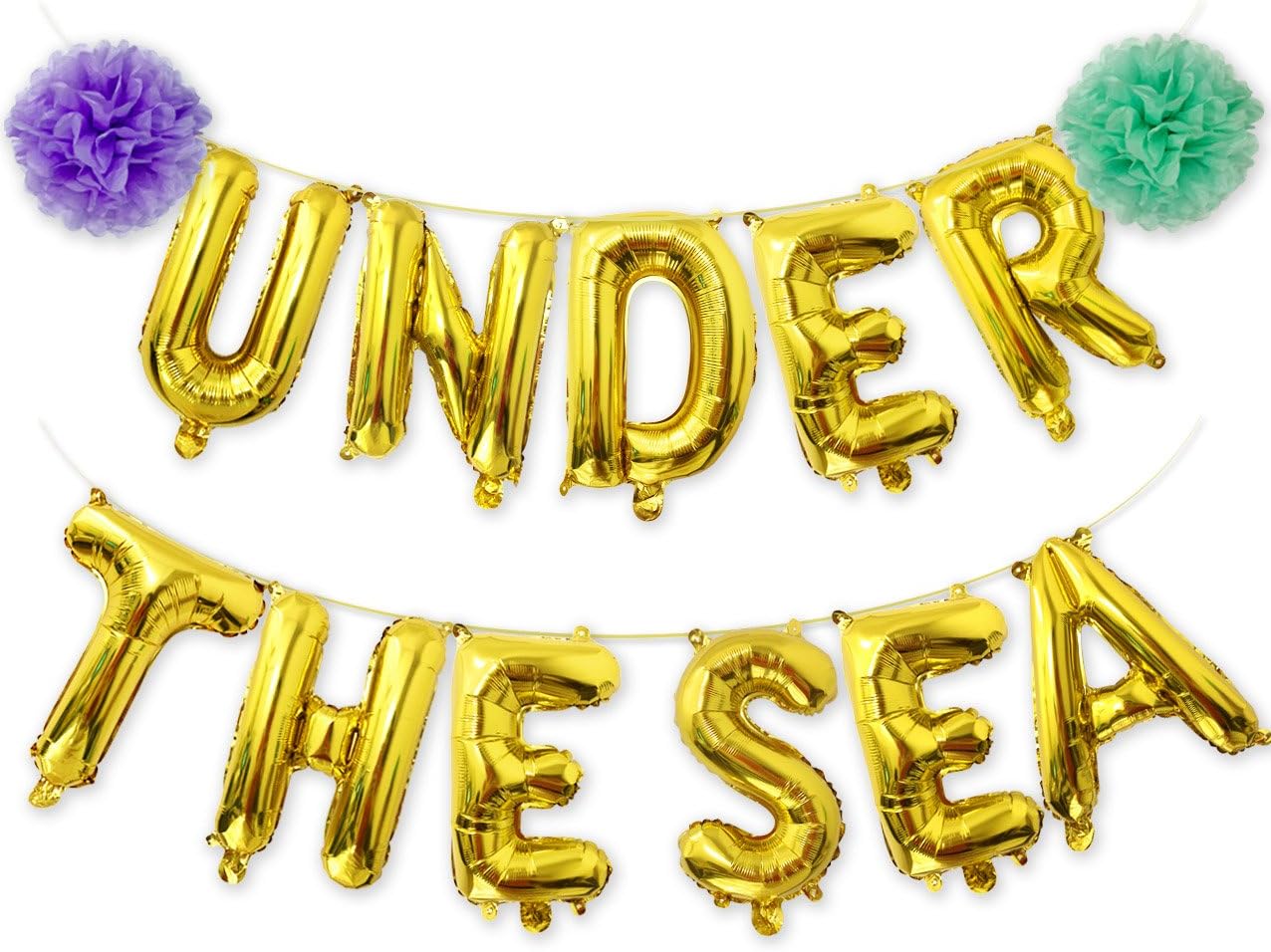 Under the Sea Balloons Banner Gold, Mylar Letter Balloon with Pom Poms for Under the Sea Party Decorations Mermaid Party Supplies