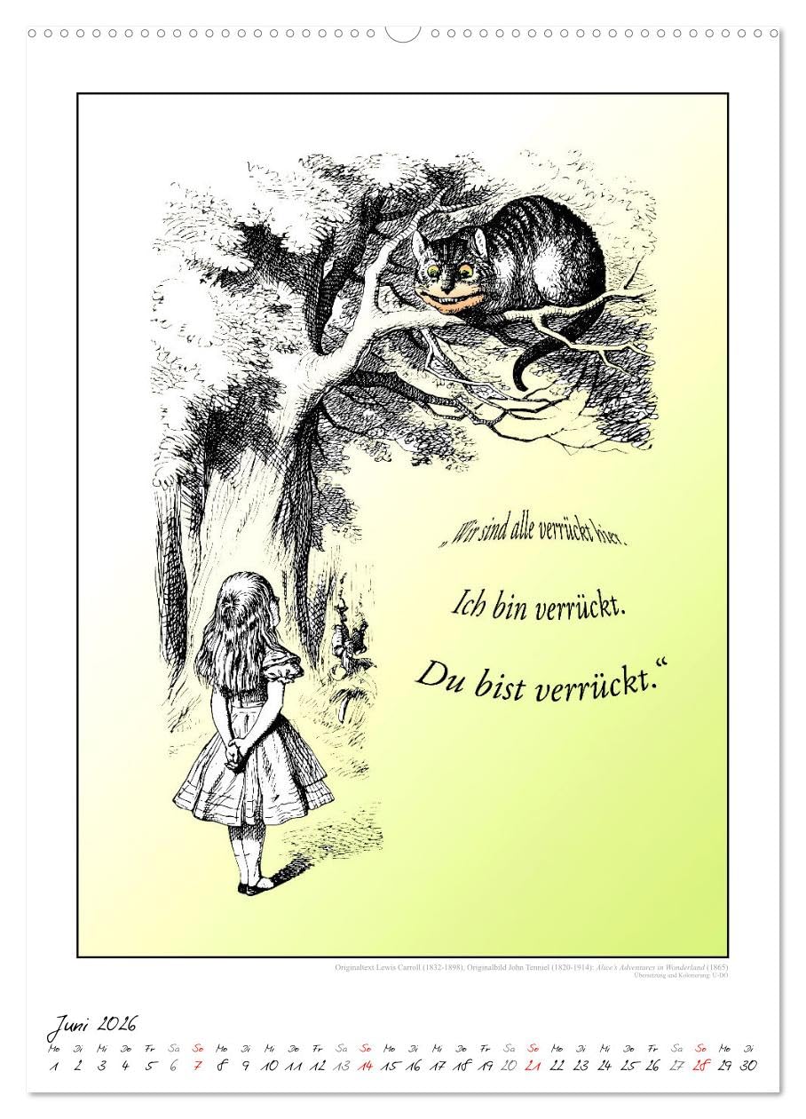 Alice im Wunderland - Weltliteraturkalender (Wandkalender 2026 DIN A2 hoch), CALVENDO Monatskalender: Weltliteratur. Klassiker der Kinderbuch-Literatur als Literaturkalender. (CALVENDO Kunst)