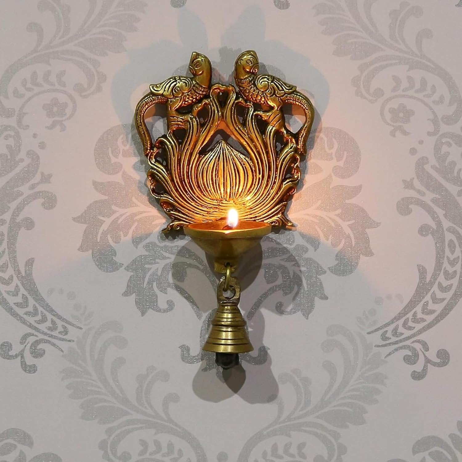 Decorative Brass Wall Hanging Diya with Bird Design, Traditional Oil Lamp with Bell, Antique Finish (Handcrafted Brass)