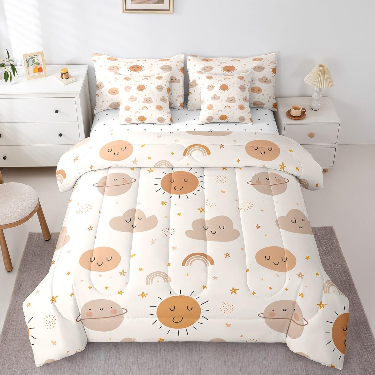 Erosebridal Girls Rainbow 7 Piece Comforter Set Full Bed in a Bag Kids Sun and Stars Quilt Children Kawaii Planets Clouds Sheet Set Girly Cartoon Theme Bedding Set Iridescent Print Down Comforter