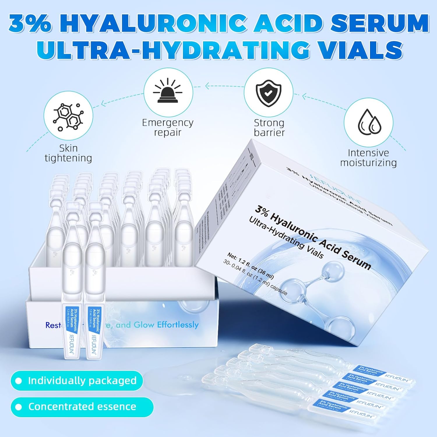 3% Hyaluronic Acid Serum Ultra-Hydrating Vials 30 pcs - 3% Hyaluronic Acid Serum For Face - Single Use Hyaluronic Acid Tubes - Intensive Moisturizing, Skin Tightening, Emergency Repair, Anti-Aging