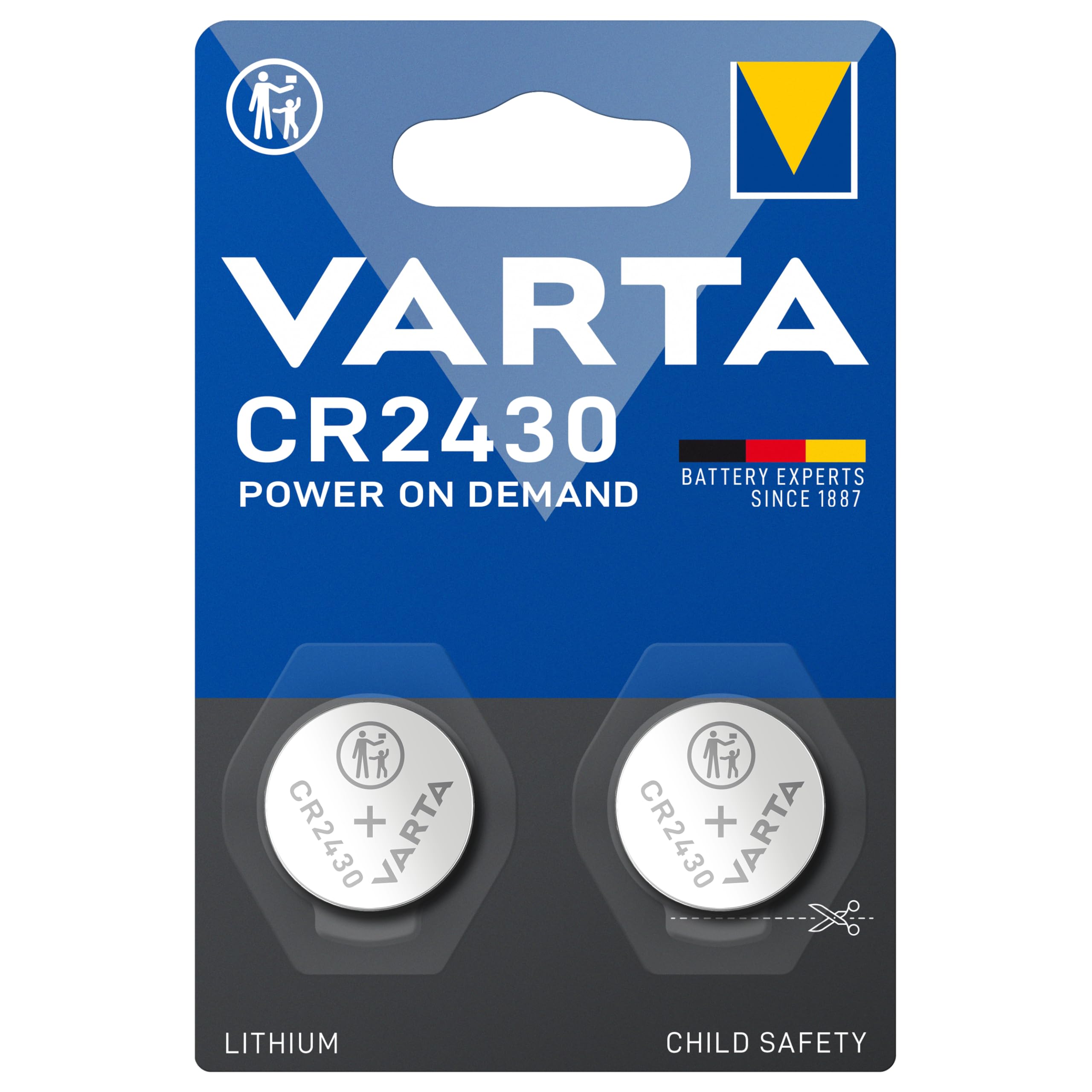 VARTA Batterien Knopfzelle CR2430, 2 Stück, Power on Demand, Lithium Coin, 3V, kindersichere Verpackung, für elektronische Kleingeräte - Autoschlüssel, Fernbedienungen, Waagen