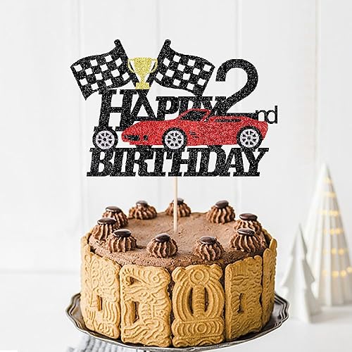 Miniatura 5 de Decoración de pastel de coche de carreras de 2 años, decoración de pastel de feliz segundo cumpleaños, auto de carreras, bandera a cuadros, rueda