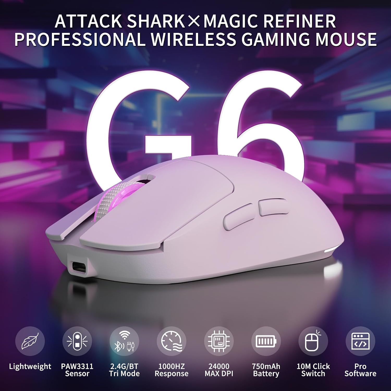 ATTACK SHARK×Magic-Refiner G6 Wireless Gaming Mouse Tri-Modes Connection 2.4G/BT/USB-C 24000 DPI 1000Hz Polling Rate with Anti-Slip Grips,750mAh Battery Gaming Mice for Laptop/PC/Mac Gamer White