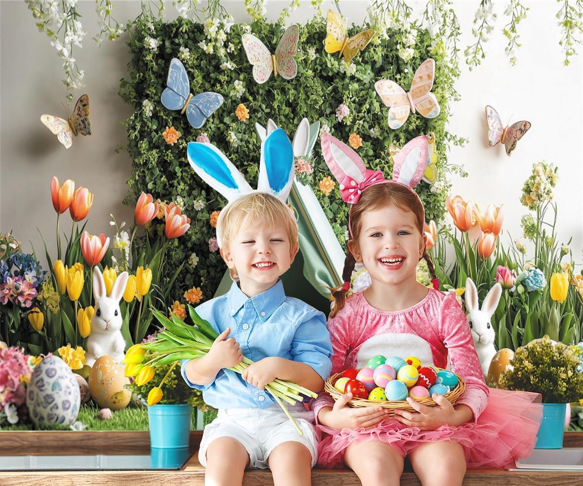 Easter Backdrop 10x10ft Colorful Flower Butterfly Egg Spring Easter Backdrops for Photography Spring Floral Themed Scene Photo Background for Birthday Baby Shower Party Decorations Photo Booth Props