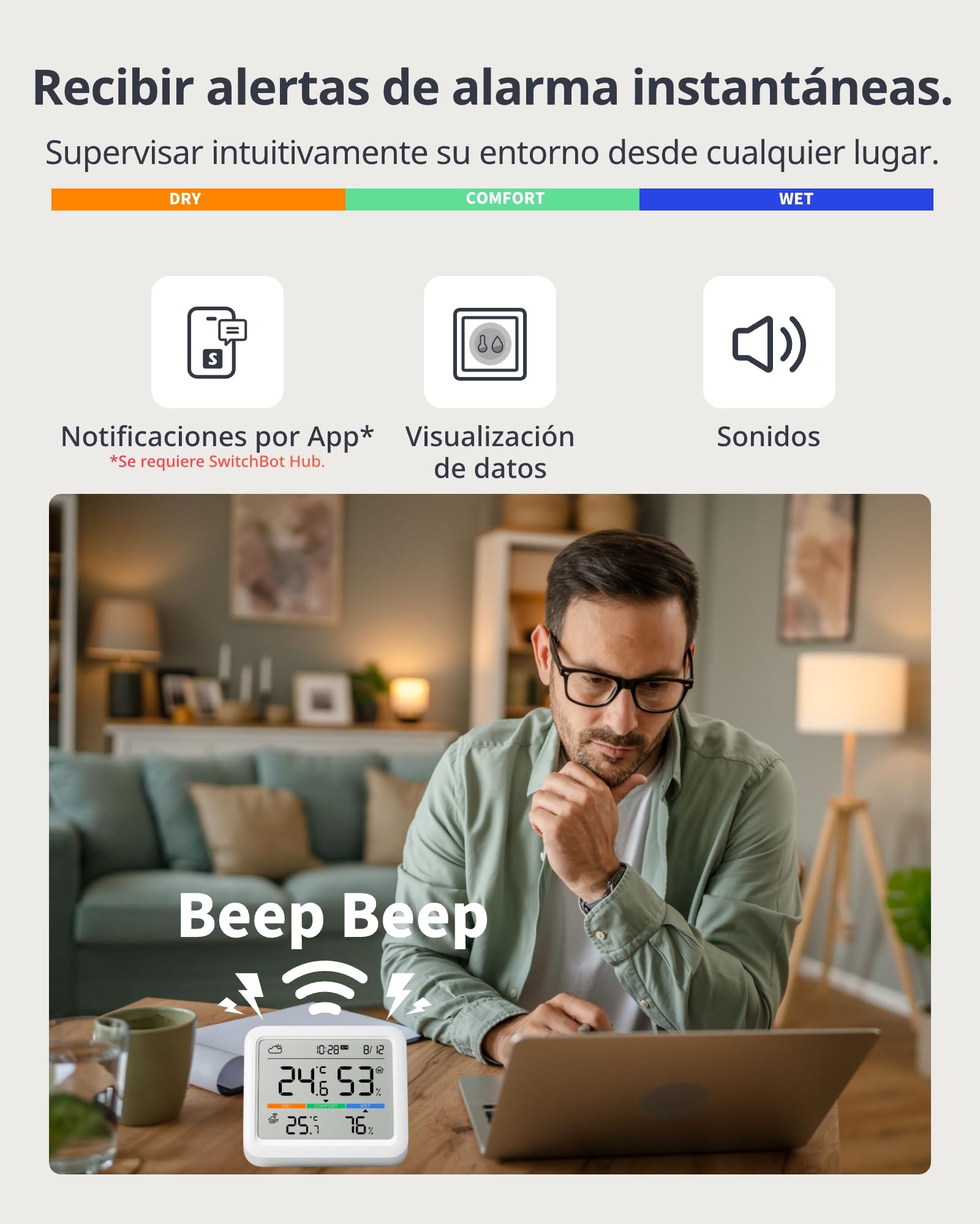 SwitchBot WiFi & Bluetooth Estación Meteorológica para Hogar Sensor Exterior Inalámbrico, Monitor Temperatura/Humedad con Fecha y Previsión Meteorológica, 120m Bluetooth