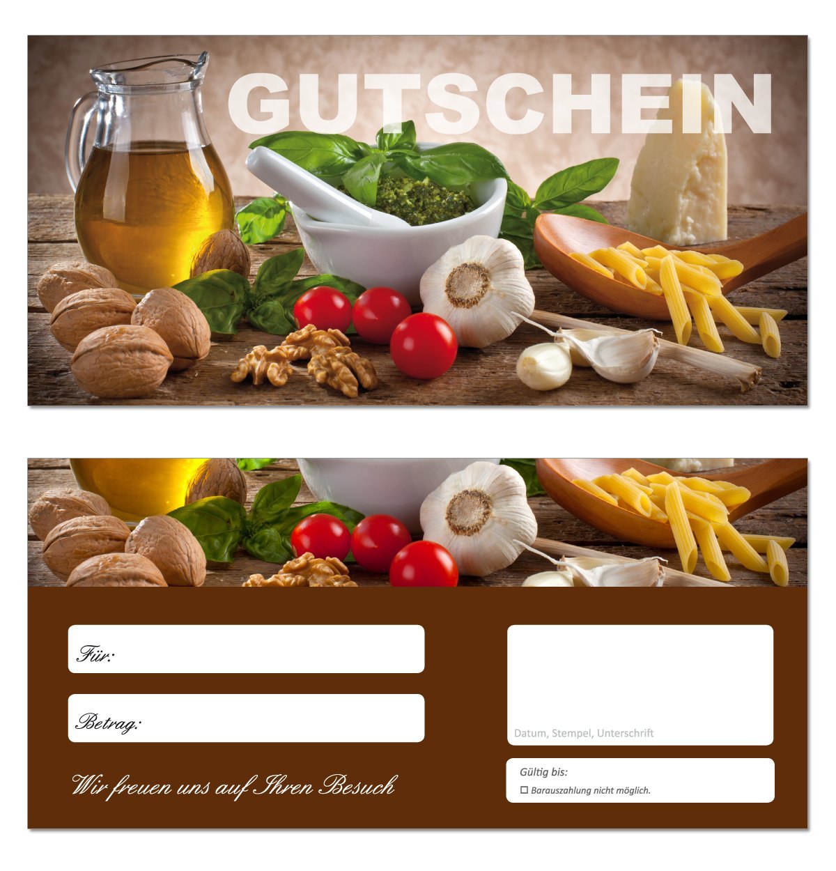 200 Stück Geschenkgutscheine (Küche-649) - Gutscheinkarten Gutscheine für Bereiche Wellness, Erholung, Entspannung Kochen Essen Nudeln Knoblauch Tomaten Walnüsse Basilikum Käse Pasta Pesto