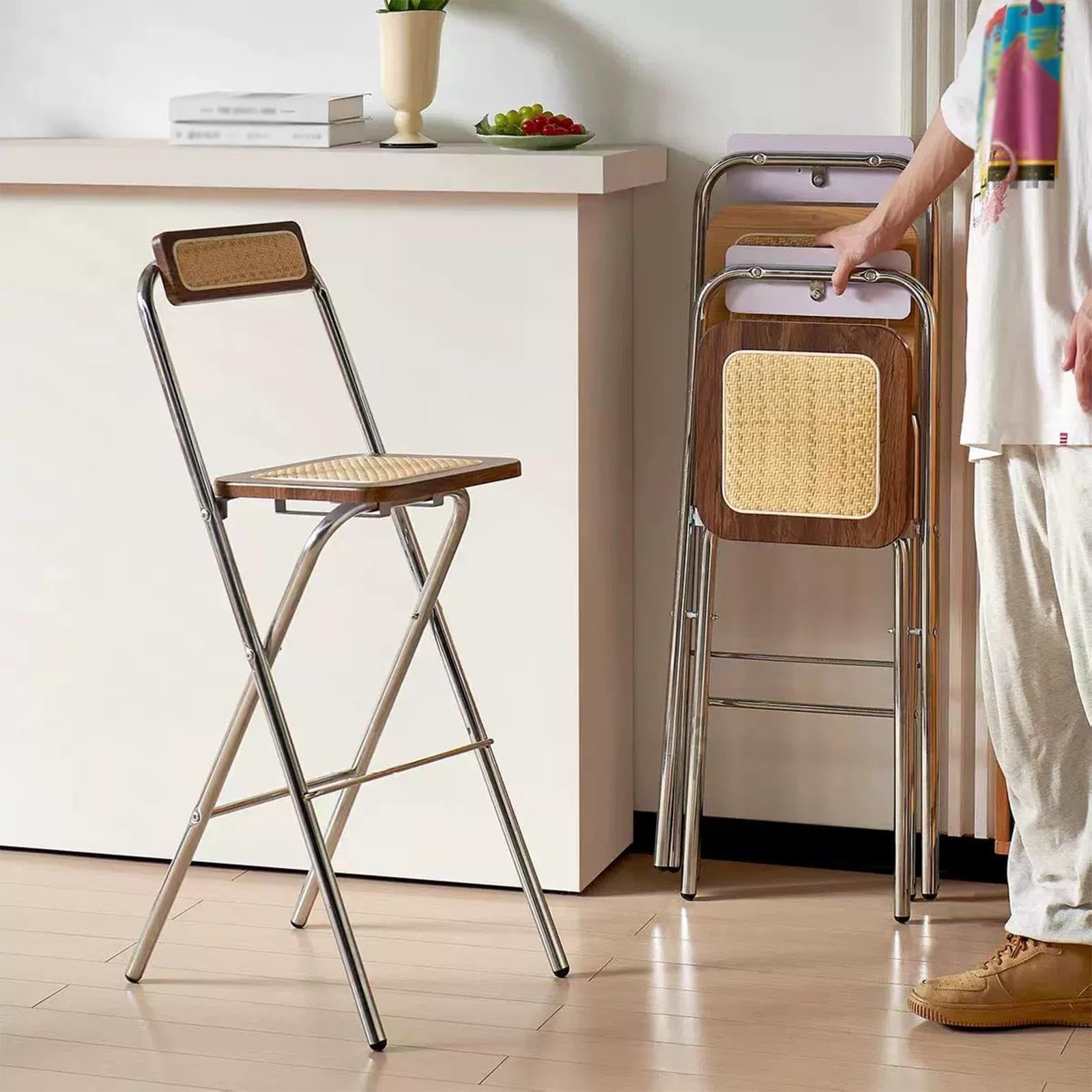 Sedia da Bar Pieghevole in Rattan, Sgabello Alto con Schienale