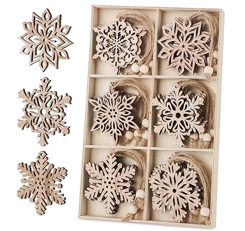 24pcs Wooden Snowflakes Ornaments, Unfinished Wood Cutouts Christmas Tree Hanging