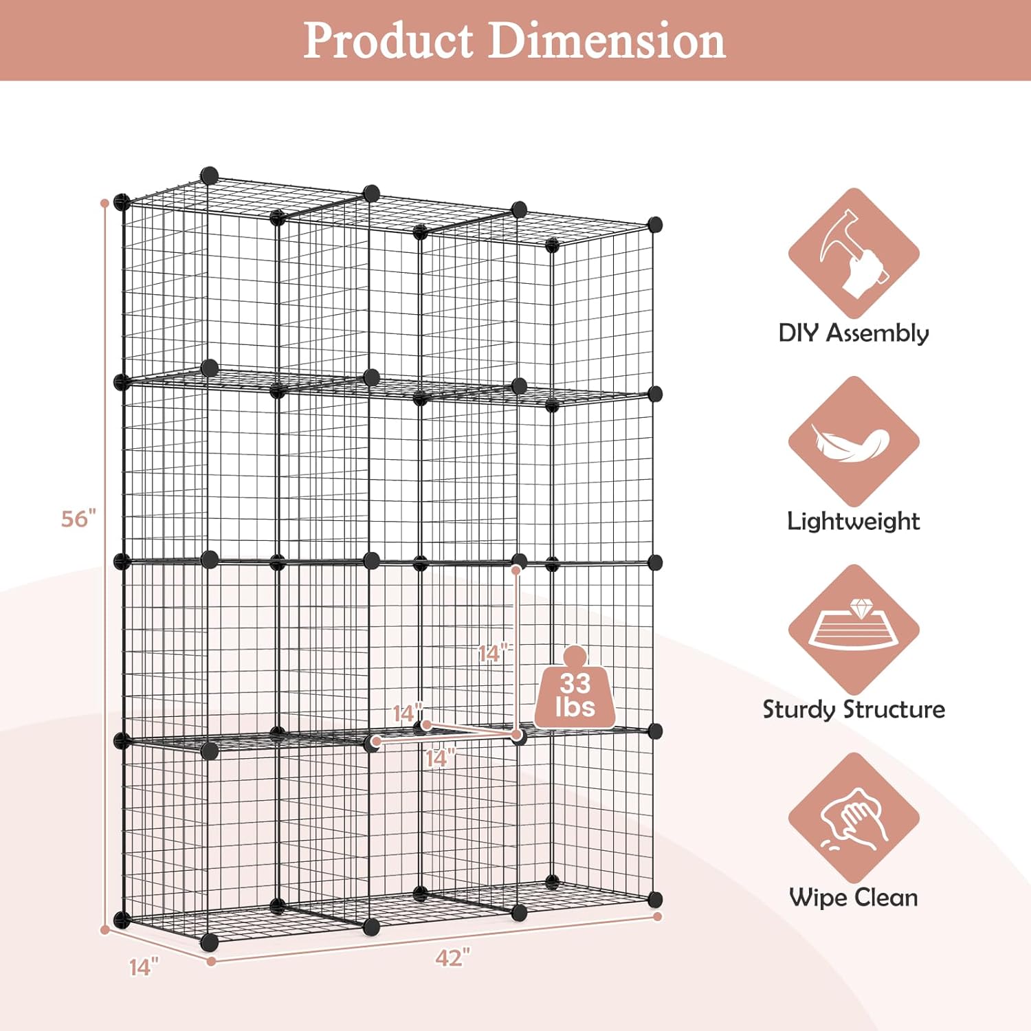 NAFORT Wire Cube Storage System, DIY Metal Grid Cube Storage Organizer with Durable Frame, Sturdy Connectors, 12-Cube Modular Grid Shelves for Books, Potted Plants, Bags, Shoes, Clothes & Coats Black 12-cube