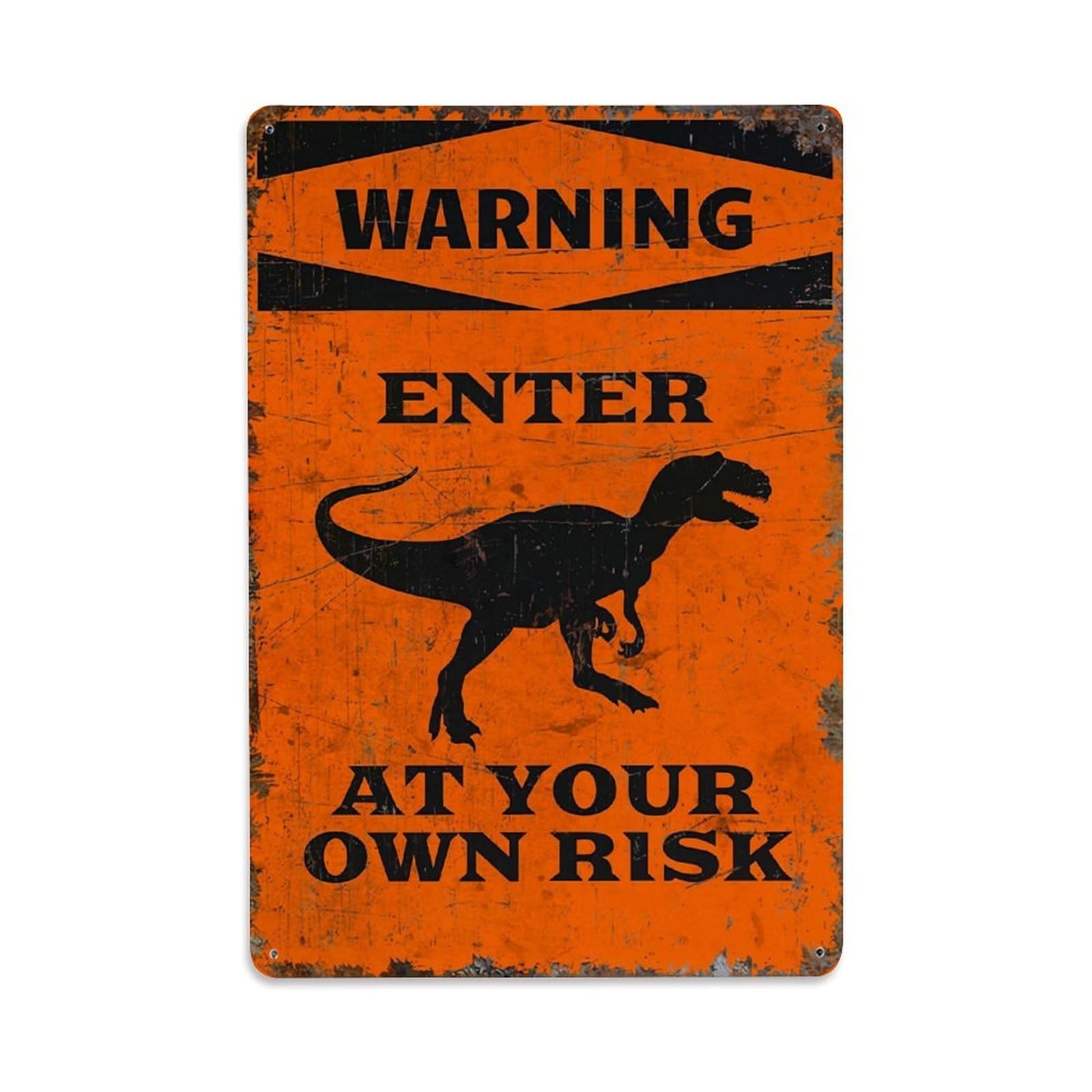 Jdfenggu Vintage Warning Enter Dinosaur Risk Sign Retro Metal Tin Sign, Decor Art Poster For Bar, Home, Man Cave, Kitchen, Laundry Room Gift 8X12inch