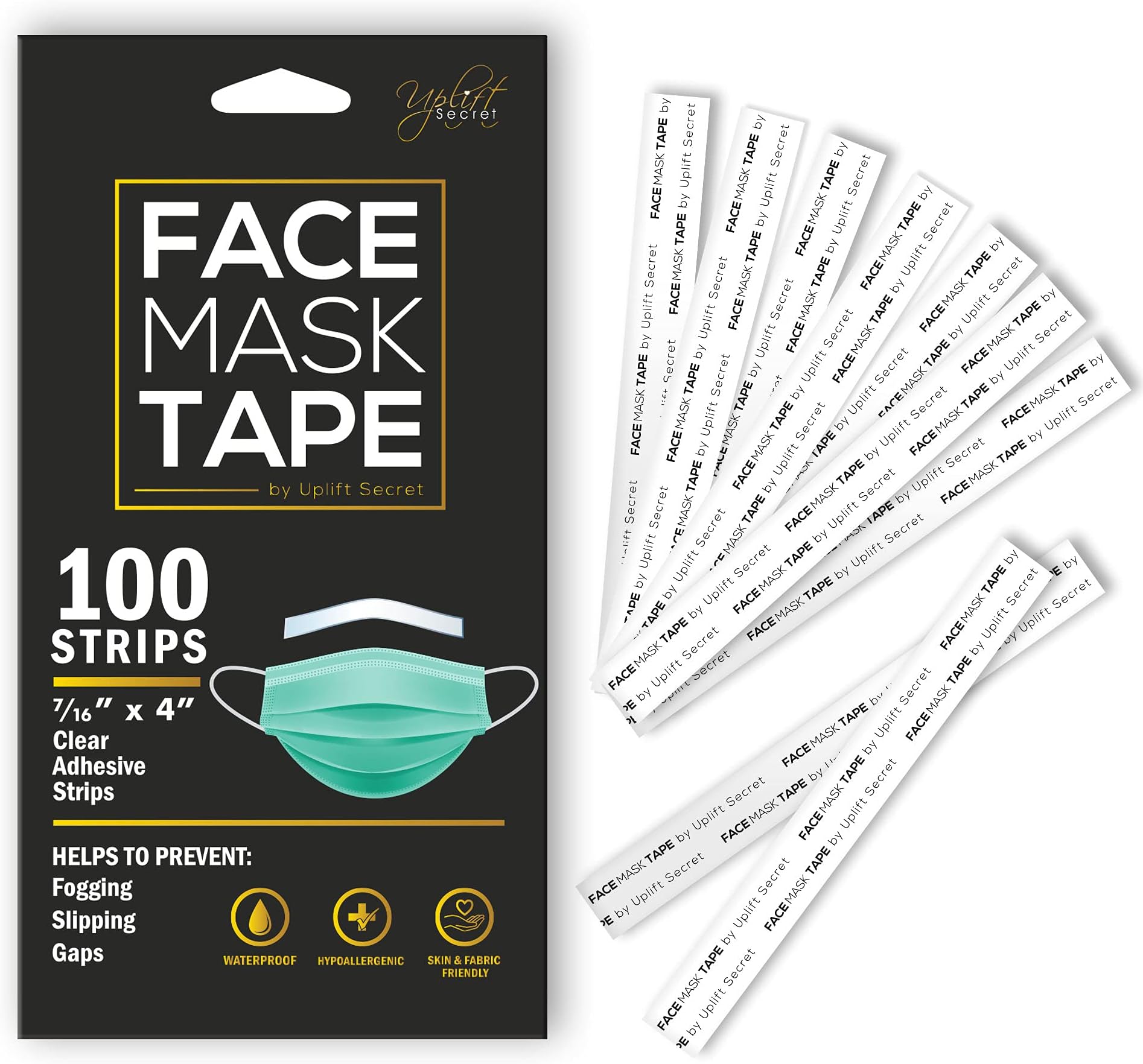 Uplift Secret Face Mask Tape Double Sided (100 Count) - Helps to Prevent Fogging Glasses, Slipping, & Gaps. Works with All Masks.