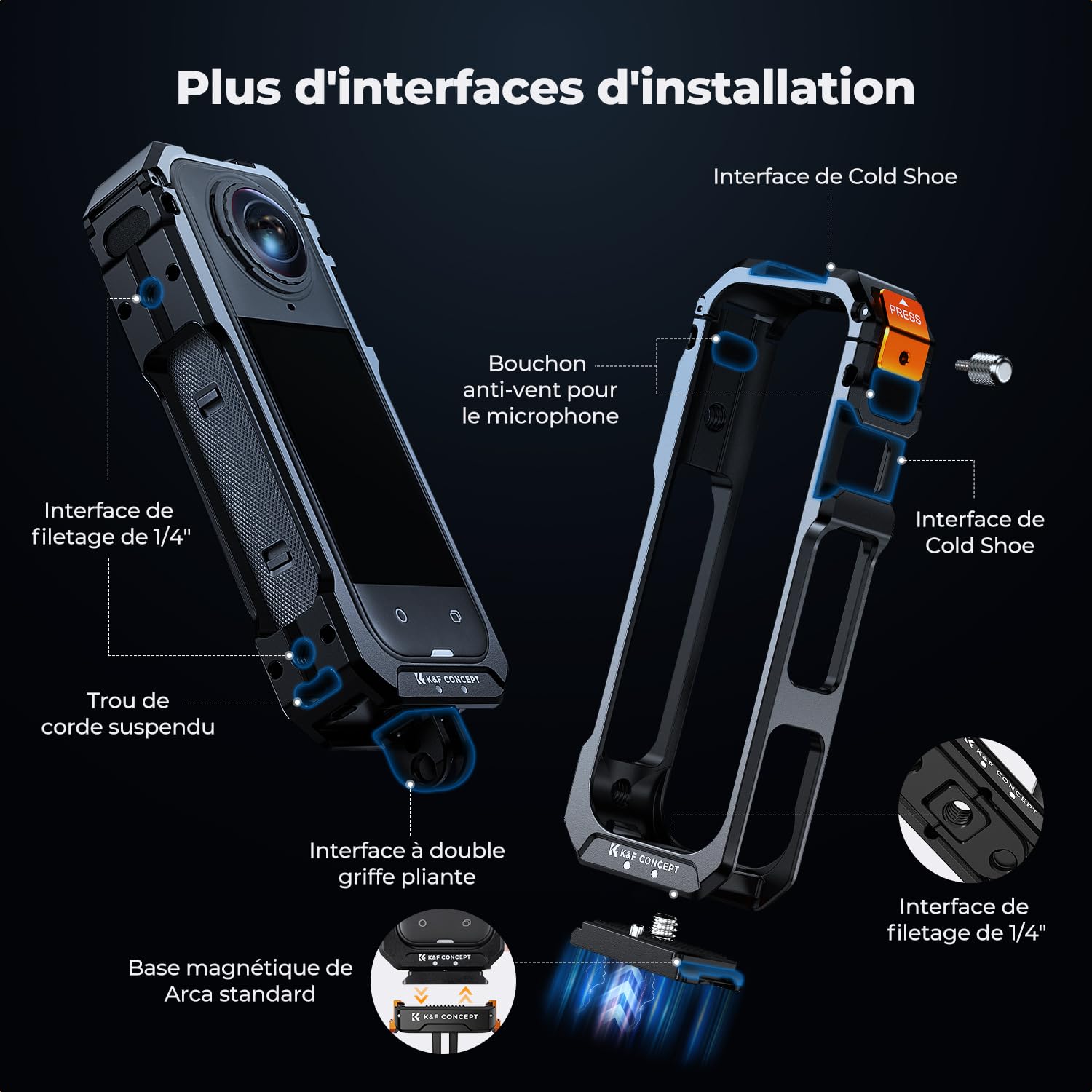 K&F CONCEPT Cage de Protection Compatible avec Insta360 X5, Cadre de Protection en Alliage d'Aluminium avec Capuchon de Lentille en Silicone + Lentille Silicone + Écran Protégé | 1/4" + 2 Cold Shoe