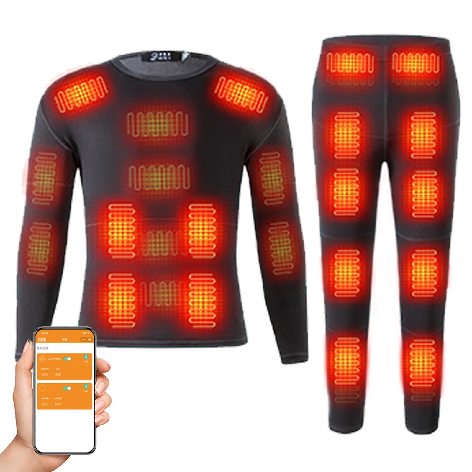 TOVCHEI Heated Thermal Underwear Set, 32 Areas Heating Electric Thermal Long Johns, App Control Winter Warm Shirt & Pants,Black,M