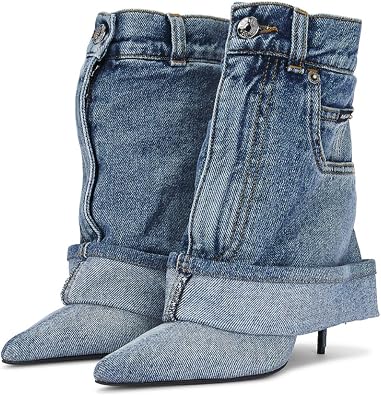 MAVMAX Women Denim Ankle Boots Pointed Toe Jeans Cowgirl Boots Metal Button Pull On High Heel Stiletto Short Cowboy Booties