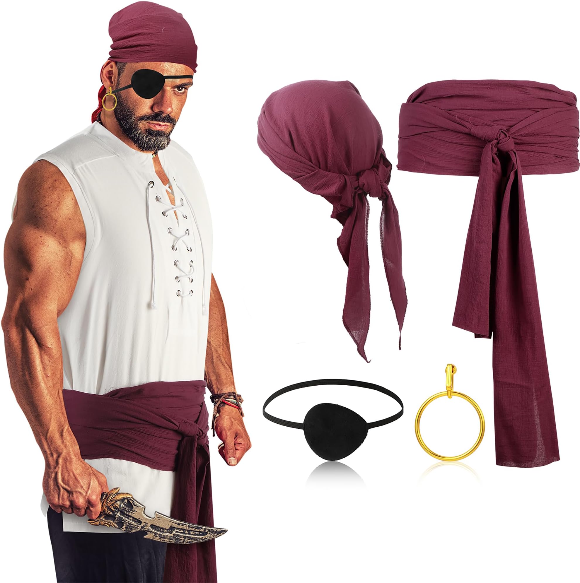 5 Pcs Men Pirate Costume Set for Women Adult Medieval Renaissance Shirt Bandana Sash Belt for Halloween Cosplay Party