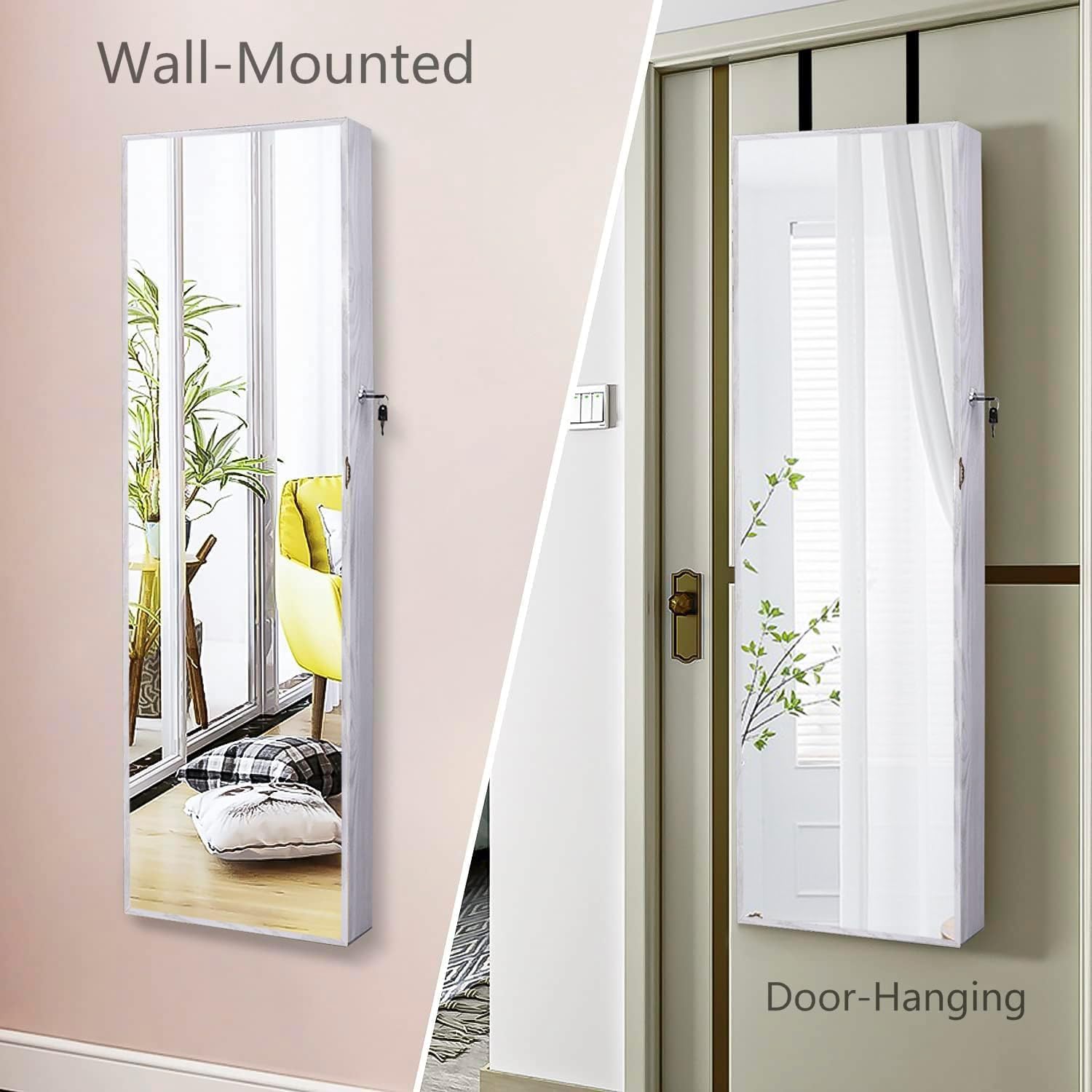SCWF-GZ 47" H Jewelry Armoire Full Length Mirror Cabinet Storage Organizer w/LED Light Wall-Mounted/Door-Hanging Lockable for Bedroom Makeups White
