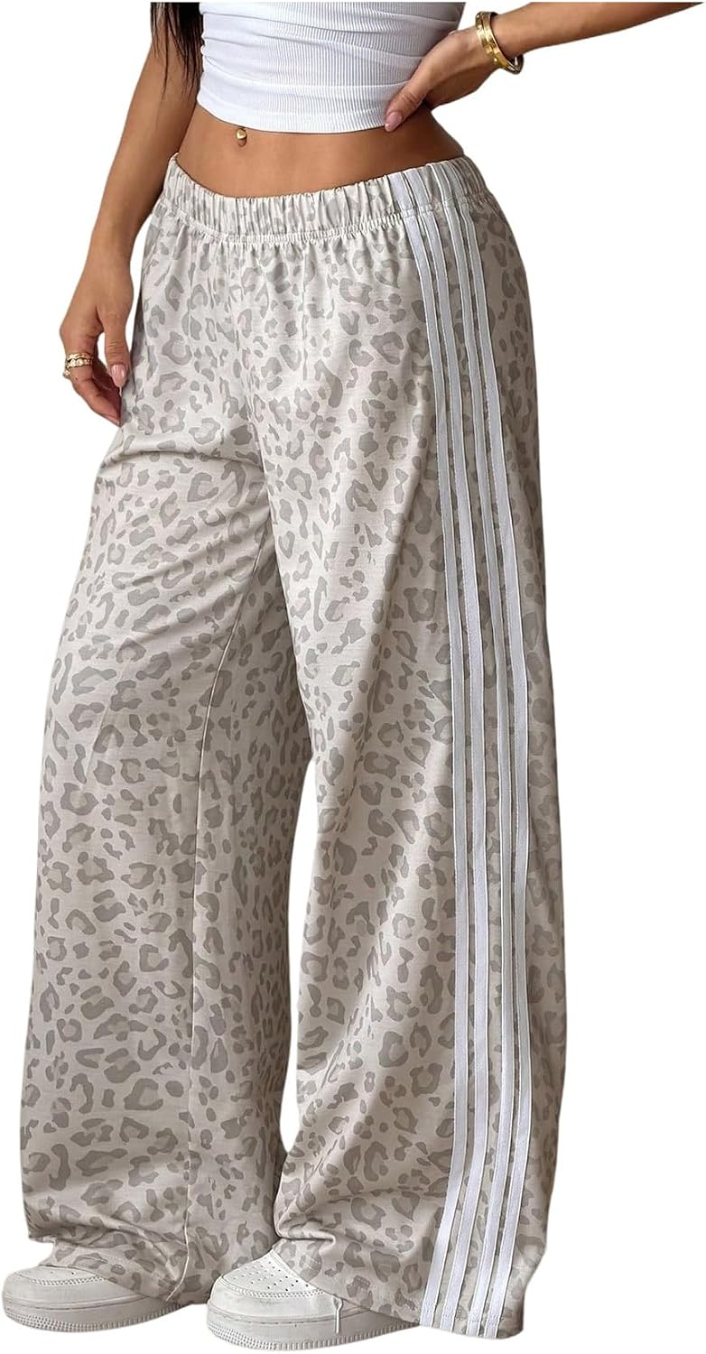 Floerns Women's Leopard Wide Straight Leg Pants Elastic Waist Side Striped Baggy Trousers Y2k Streetwear Track Pant