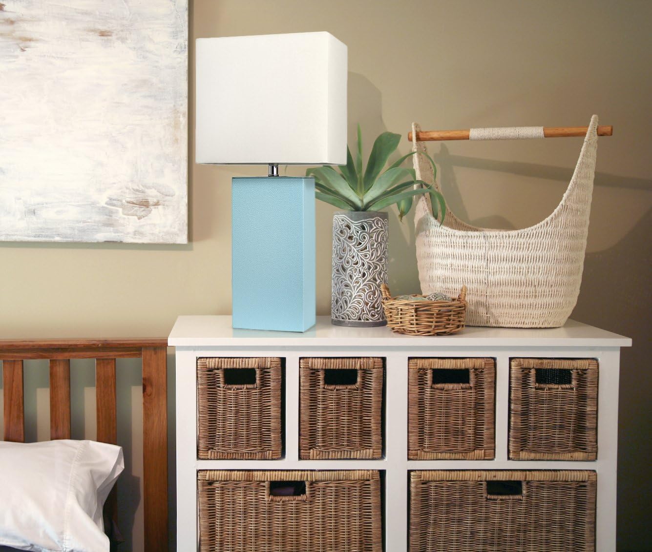 Elegant Designs LT1025-AQU Modern Leather Table Lamp with White Fabric Shade, Aqua - (Pack of 4)