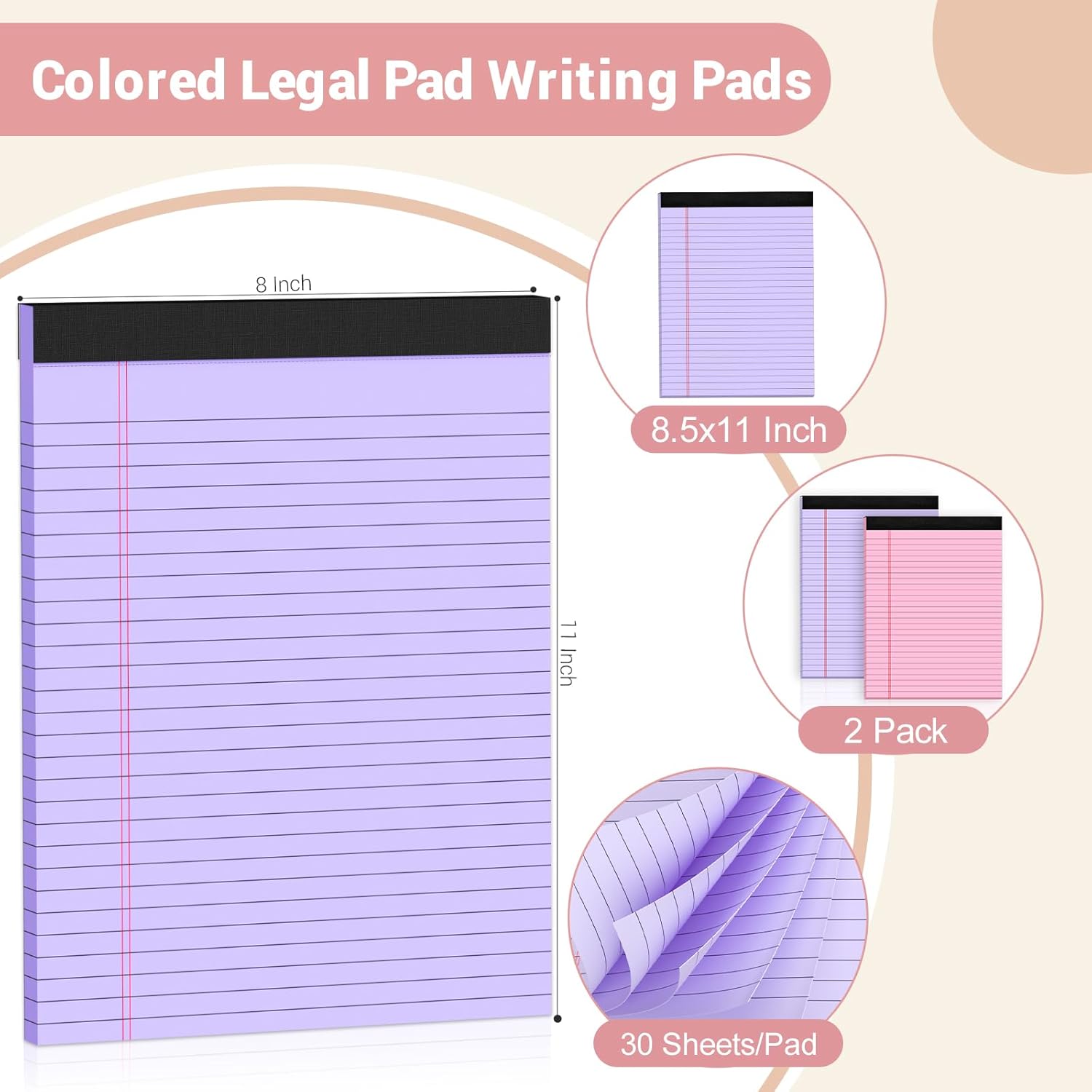 Legal Pads 8.5 x 11 Colored Note Pads, 2 Pack Notepads 8.5 x 11 Lined Paper, Colored Notebook Paper Writing Pads 30 Sheets per Colored Paper Pads for Purple Legal Pads Home Office School - Image 2