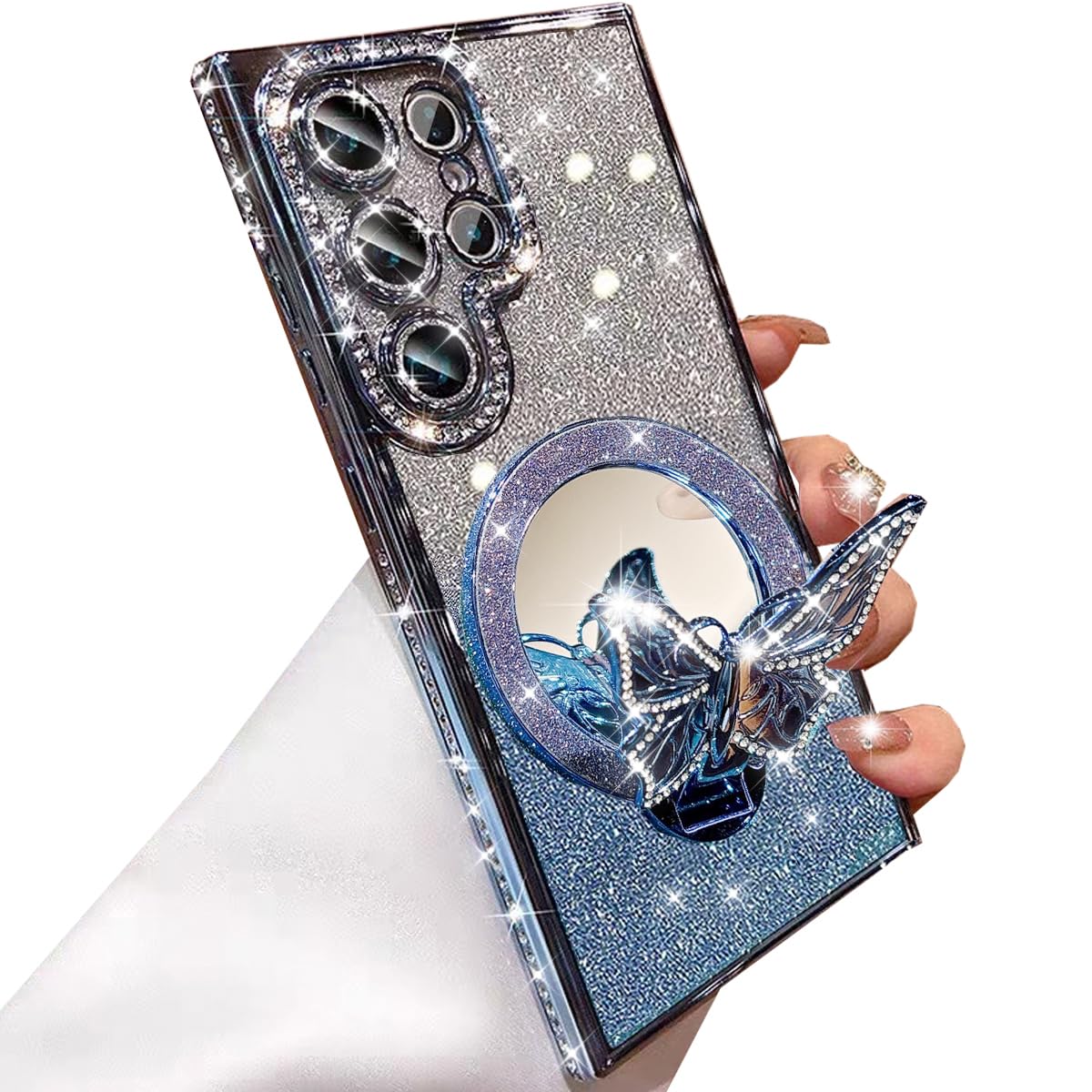 Changjia for Samsung Galaxy S25 Ultra Magnetic Kickstand Glitter Case, [Compatible with MagSafe] Bling Sparkly Diamond Butterfly with Camera Protector