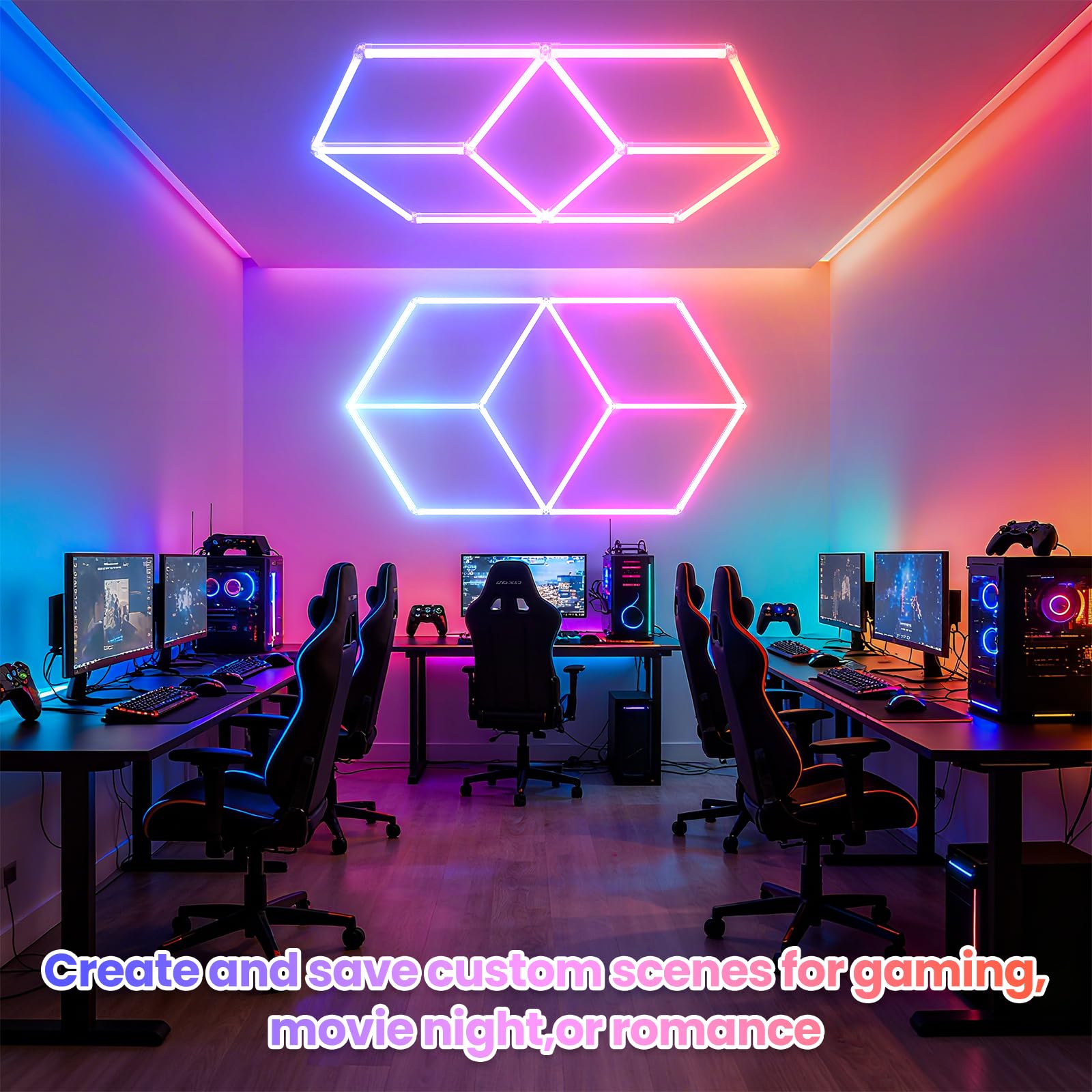 Luci da garage esagonali RGB – LED multicolore con dimmerazione, controllo della velocità, perfette per configurazioni di gioco, bar domestici, studi musicali, illuminazione fai da te per la casa e la