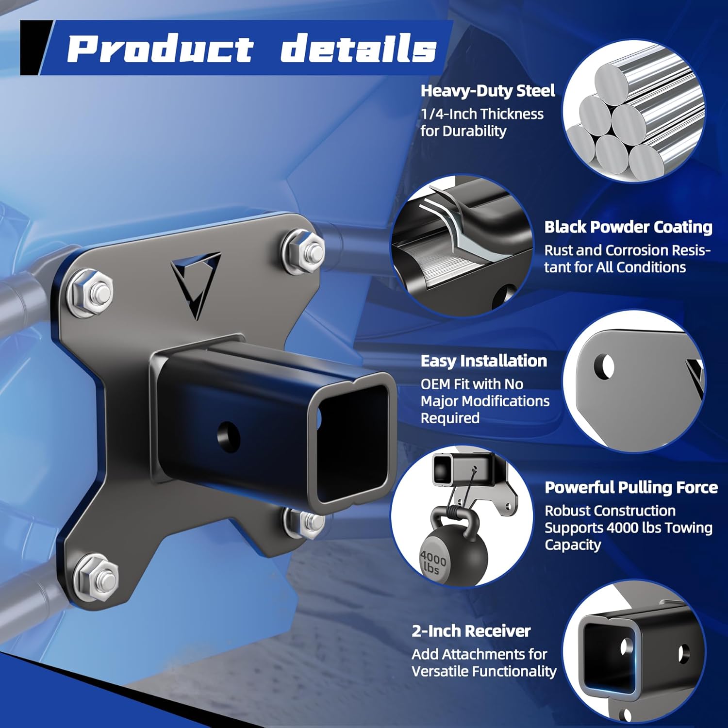 2" Utv Rear Receiver Hitch Plate - Compatible with Polaris RZR 2014-2024 Xp 1000 Xp 4 1000 Utv ATV, Heavy Duty 1/4" Thick Steel 2" Receiver Hitch, Receiver Hitch Accessories